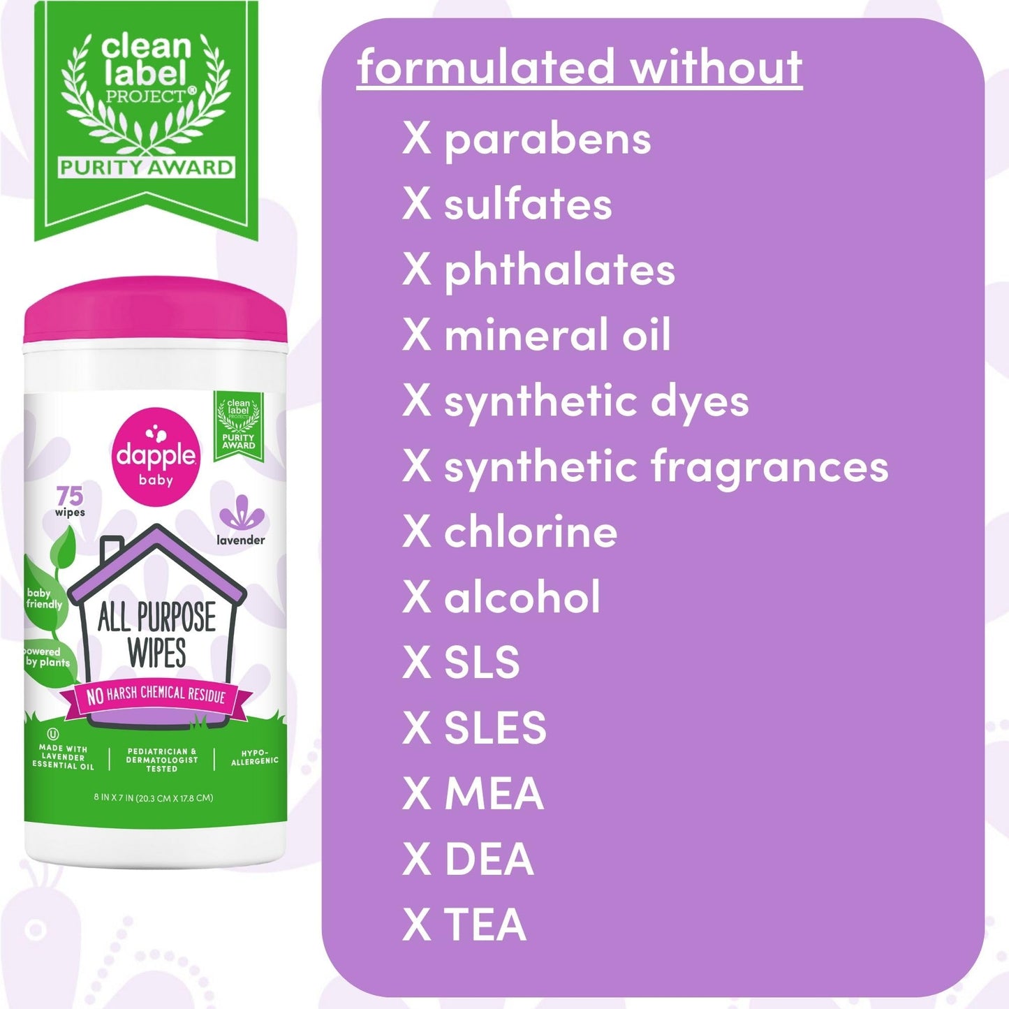 All Purpose Wipes by Dapple Baby, Hypoallergenic Cleaning Wipes Powered by Plants, Hint of Lavender, 75 Count Canister (Pack of 2) + 30 Count (Pack of 2)