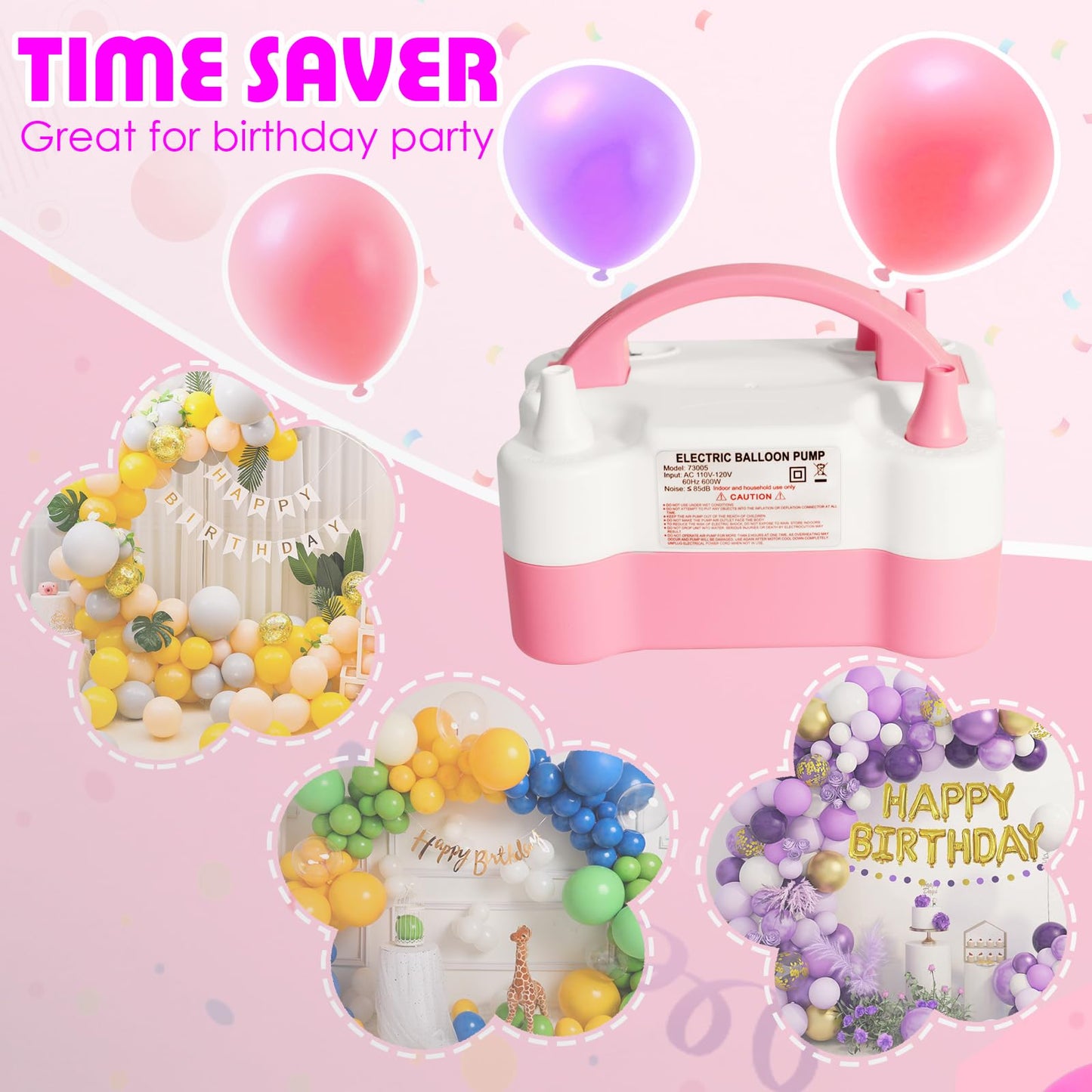 Balloon Pump Electric, Portable Automatic Dual Nozzle Inflator 110V 600W with Tying Tools for Birthday Gender Reveal Baby Shower Balloons Party Decorations