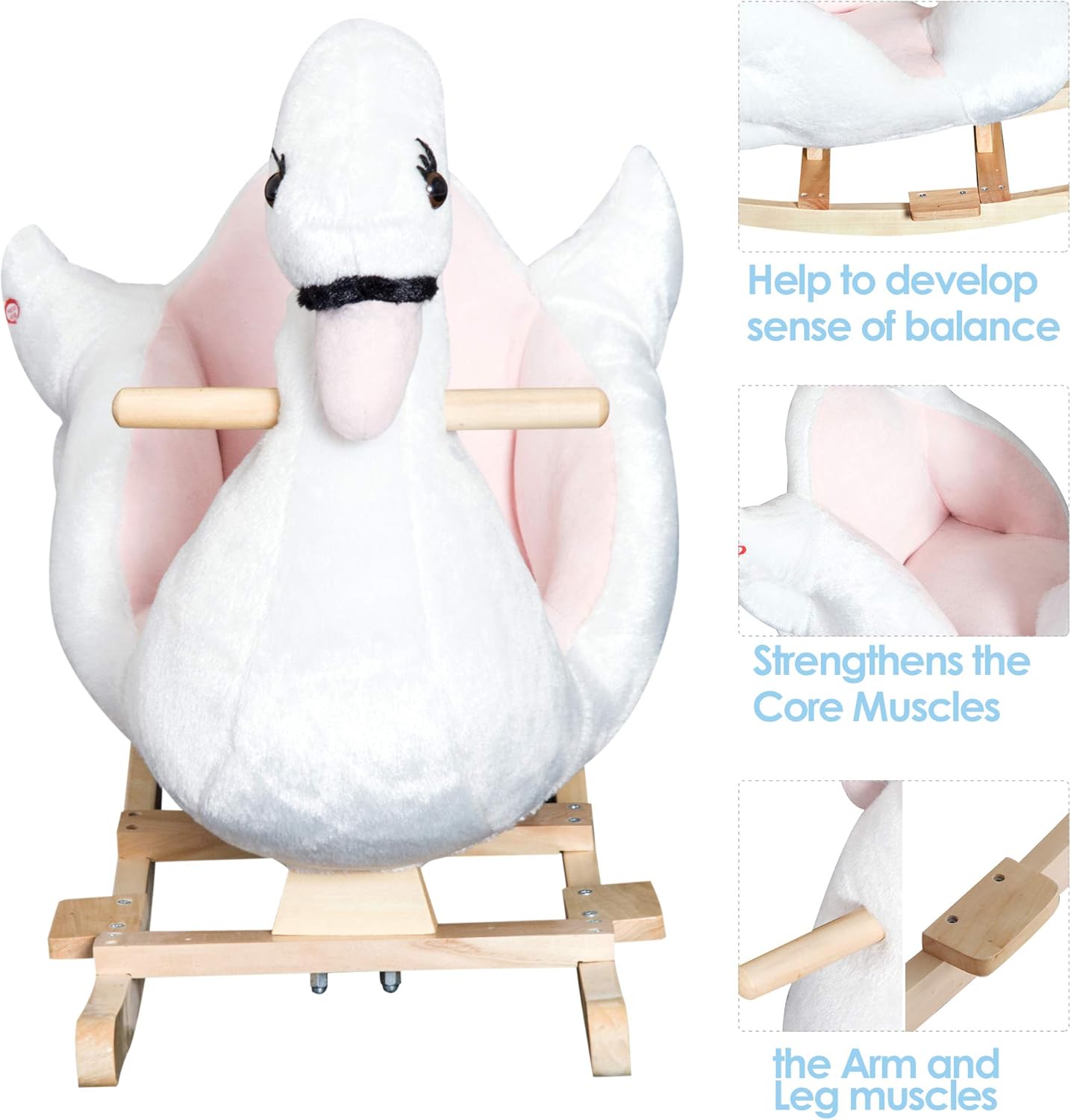 Qaba Kids Ride On Rocking Horse Plush Swan Style Toy with Music for Over 18 Months Children, White and Pink
