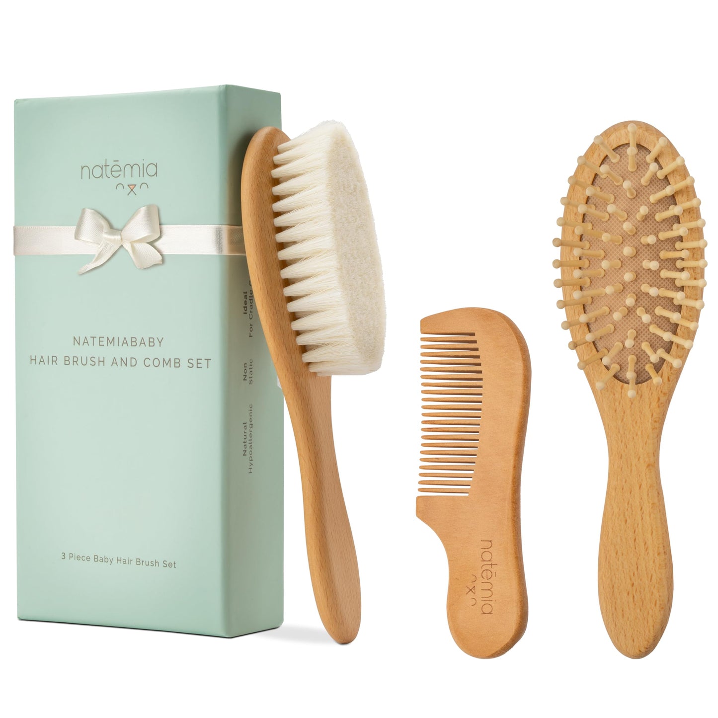 Natemia Wooden Baby Hair Brush | Natural Soft Bristles for Newborns & Toddlers | Gentle Cradle Cap Care | Ideal Baby Registry Gift