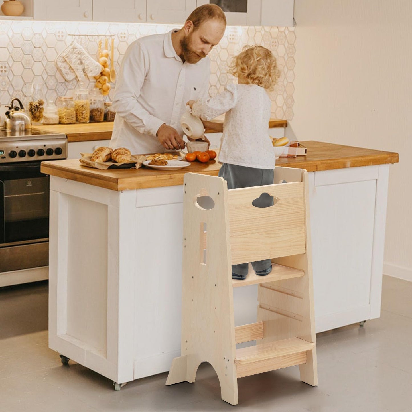 COSYLAND Toddler Standing Tower Adjustable Height - Super Stable Kids Kitchen Stool Helper - 3 Levels Adjustable Wooden Toddler Kitchen Stool (Natural & Navy Blue)