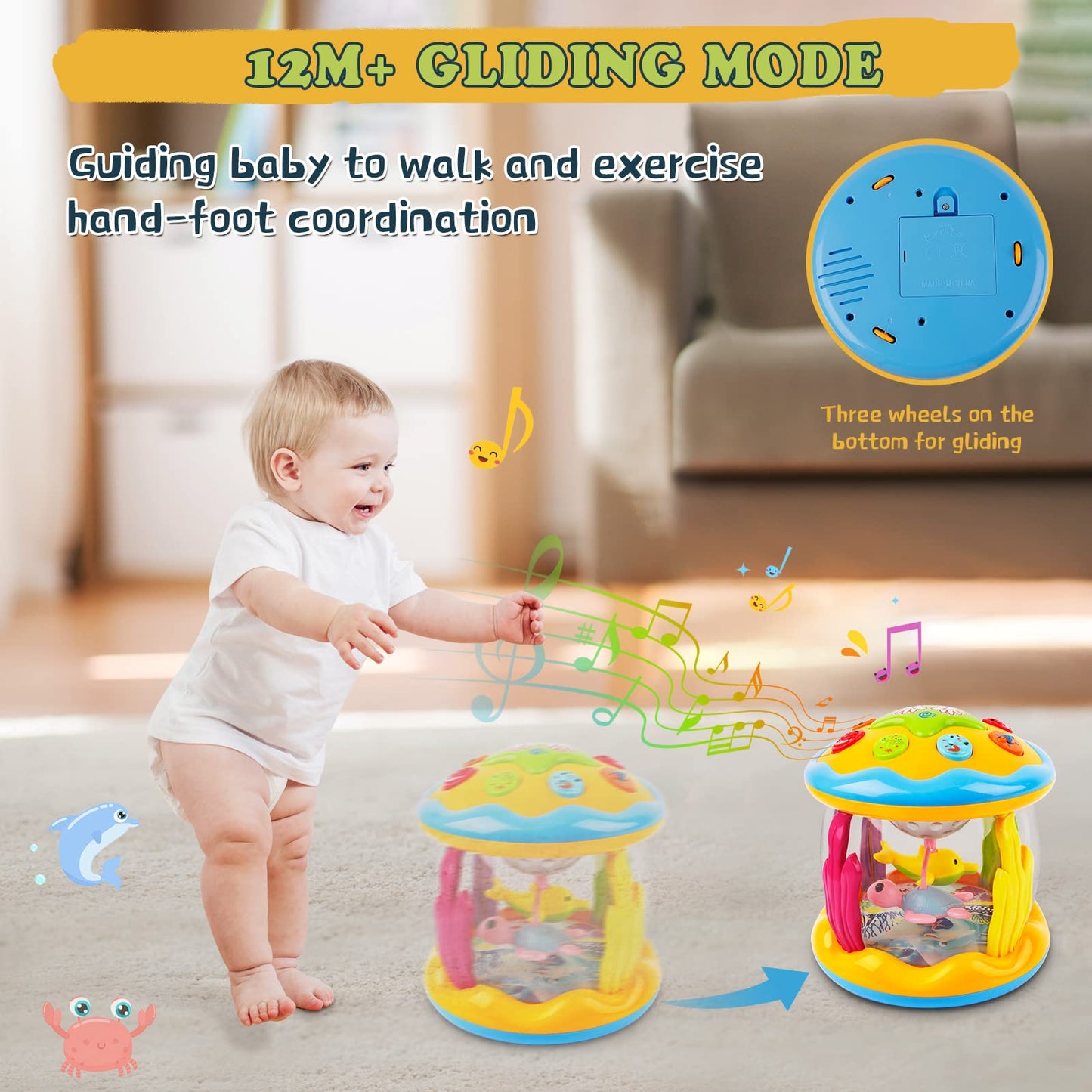 M SANMERSEN Baby Girl Toys 6-12 Months - Babies Ocean Rotating Projector Light Up Musical Toys for 12-18 Months Crawling Learning Tummy Time 1 2 Years Old Infant Boys Girls Gifts - Pink