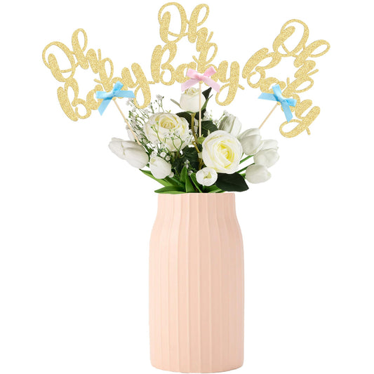 Gyufise 12Pcs Oh Baby Centerpiece Sticks Double Sided Blue Pink Bow Glitter Baby Shower Cupcake Picks Gender Reveal Table Flower Centerpieces for Baby Shower Birthday Party Supplies Gold