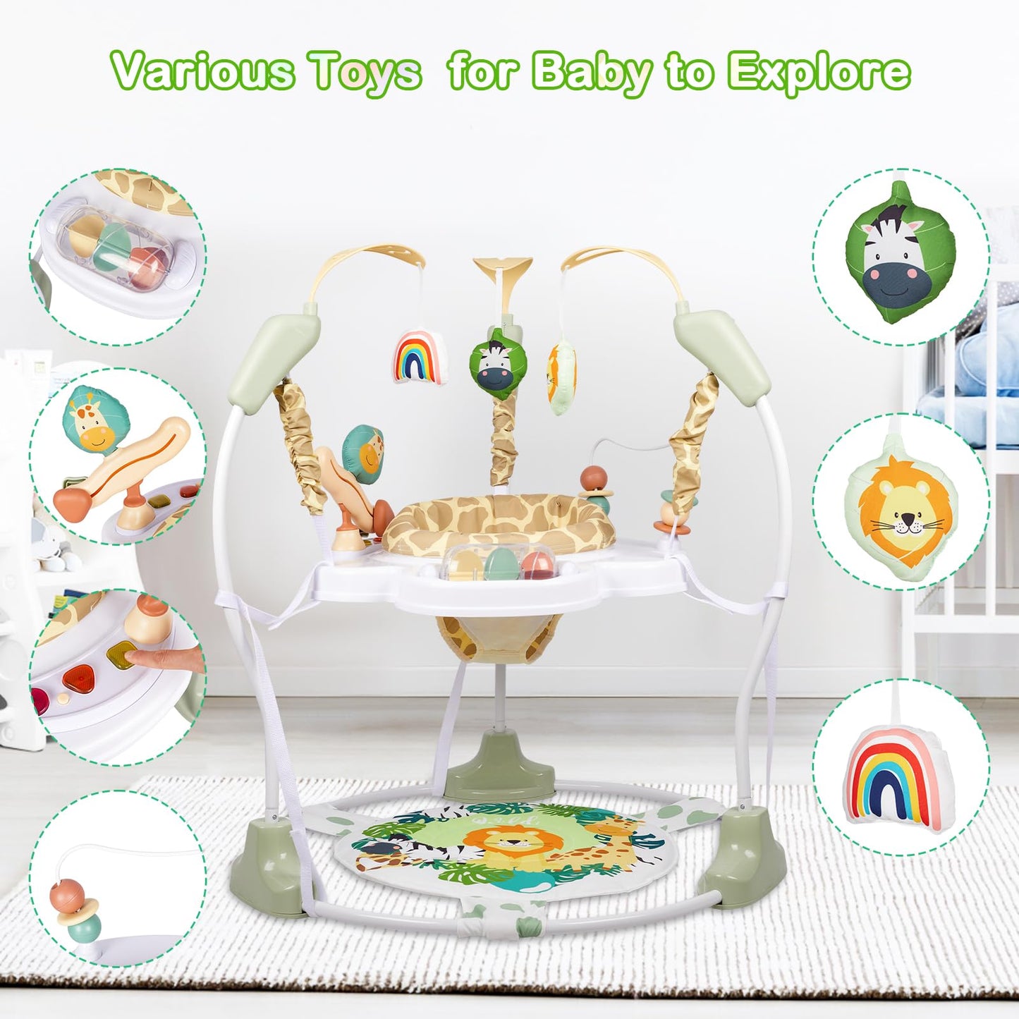 Baby Activity Center, Infant Jumpers and Bouncers with Music, Lights, Infant Toys, 360°Rotating Seat, 3 Adjustable Heights, Baby Play and Learning Center for 6+ Months