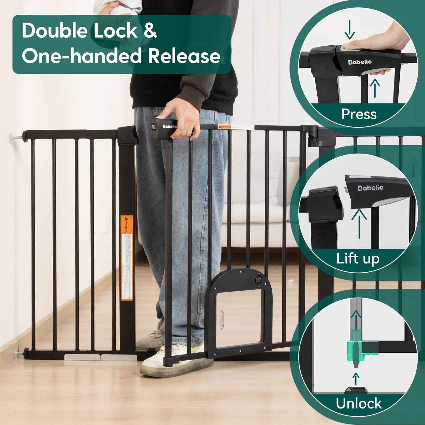 Babelio Upgraded Baby Gate with Cat Door, 29-43" Auto Close Durable Dog Gate for Stairs, Doorways and House, Easy Walk Thru Safety Gate with Pet Door Includes 4 Wall Cups, Black