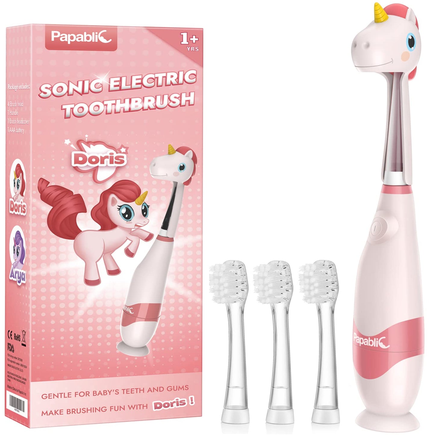 Papablic Toddler Sonic Electric Toothbrush Kids for Ages 1-3 Years, Baby Electric Toothbrush with Cute Unicorn Cover and Smart LED Timer, 4 Brush Heads (Doris)