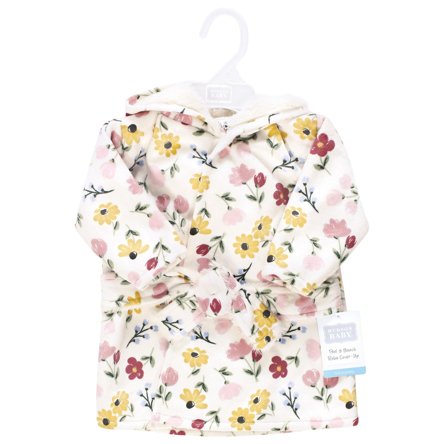 Hudson Baby Infant Girl Mink with Faux Fur Lining Pool and Beach Robe Cover-ups, Soft Painted Floral, 0-6 Months
