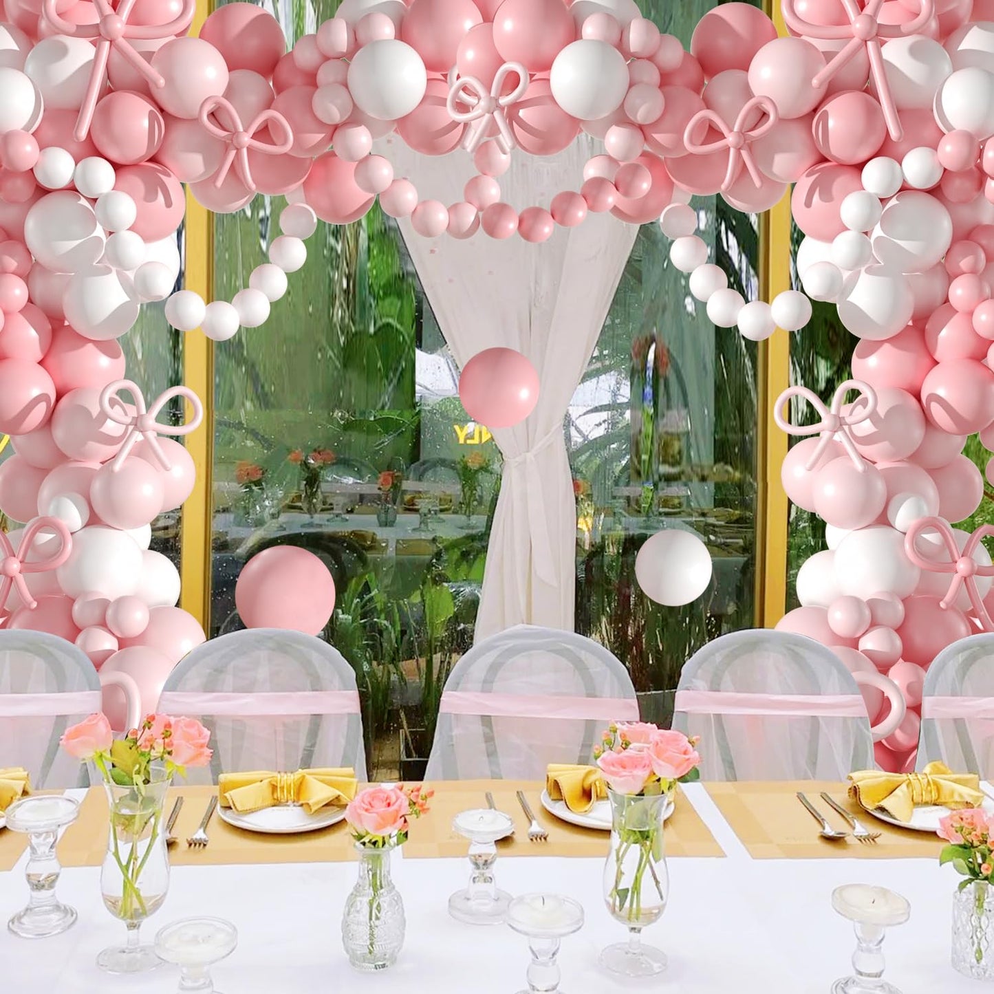 Pink Balloon Garland Arch Kit, Coquette Birthday Decorations 176Pcs Bow Long Balloons White and Pink Different Sizes for Wedding Bridal Baby Shower Bachelorette Party