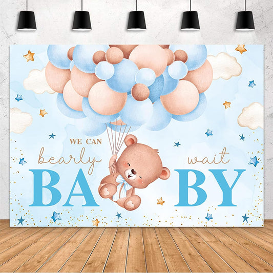 MEHOFOND Pink Bear Baby Shower Backdrop We Can Bearly Wait Baby Shower Party Decorations for Girl Hot Airs Balloons Watercolors Clouds Stars Photography Background Newborn Photo Booth Props 7x5ft