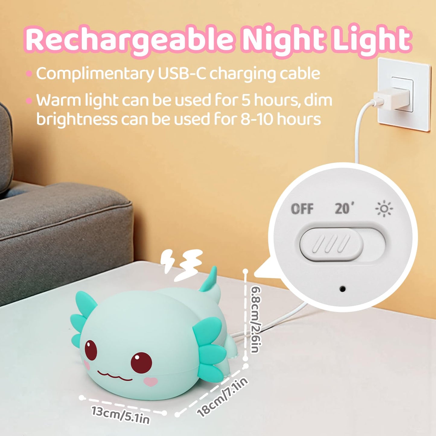 Huggwaii Squishy Axolotl Night Light for Kids – Dimmable Silicone Axolotl Lamp, 2025 Upgraded Baby Night Light, Rechargeable, 20H Battery Life, Sleep Aid Gift for Toddlers, Girls&Room Decor