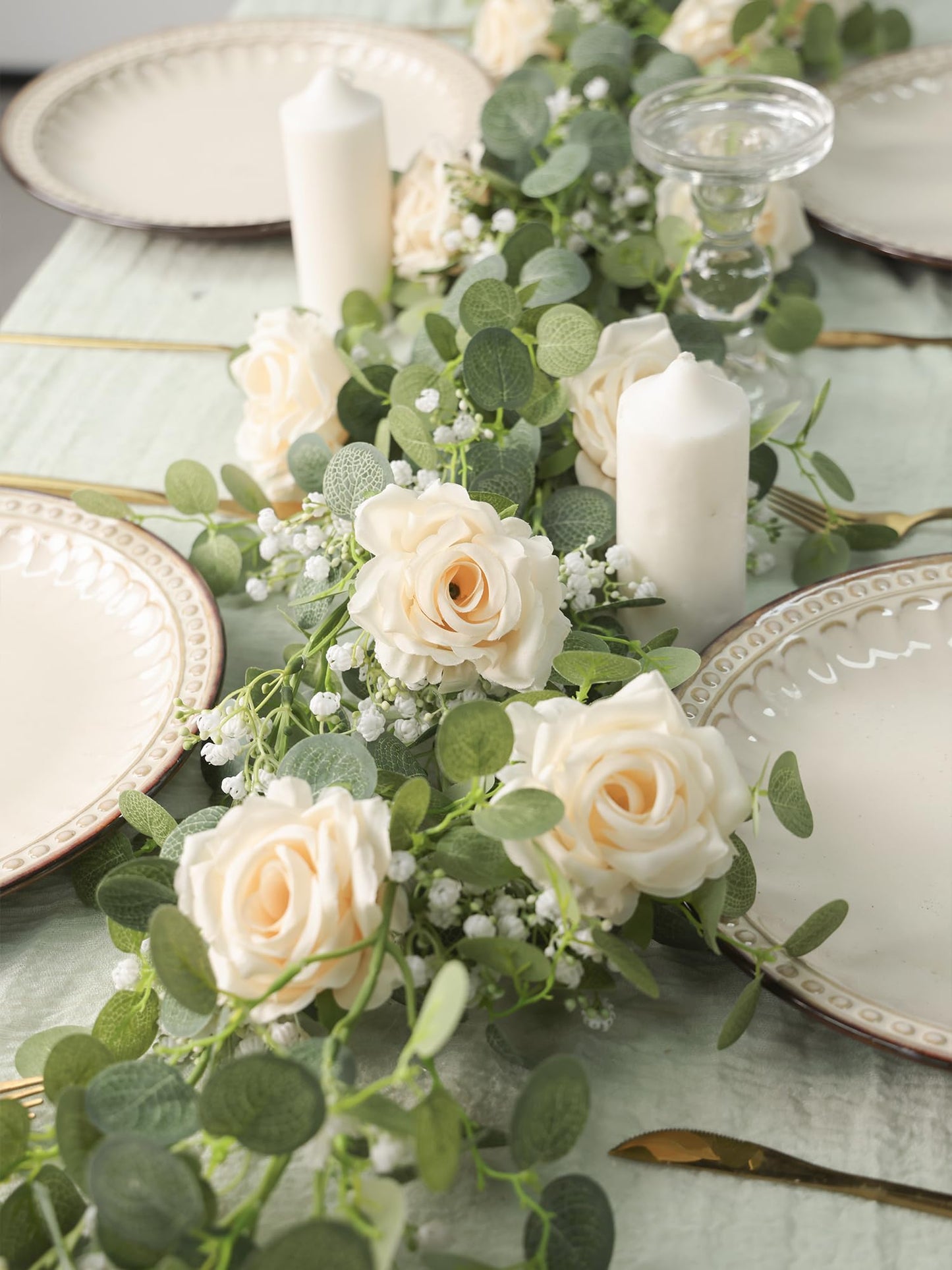 Anna's Whimsy 5.91FT Artificial Eucalyptus Garland with Flowers, Fake Flower Rose Gypsophila, Faux Floral Greenery Garland for Wedding Spring Home Party Craft Art Table Runner Decor