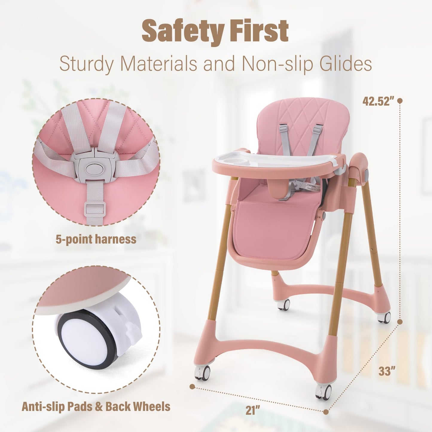 Portable High Chairs for Babies and Toddlers, 3-in-1 Foldable High Chair, Adjustable Height & Recline Baby Feeding Chair with Removable Tray, Adjustable Backrest, Pedal & Lockable Wheels Pink