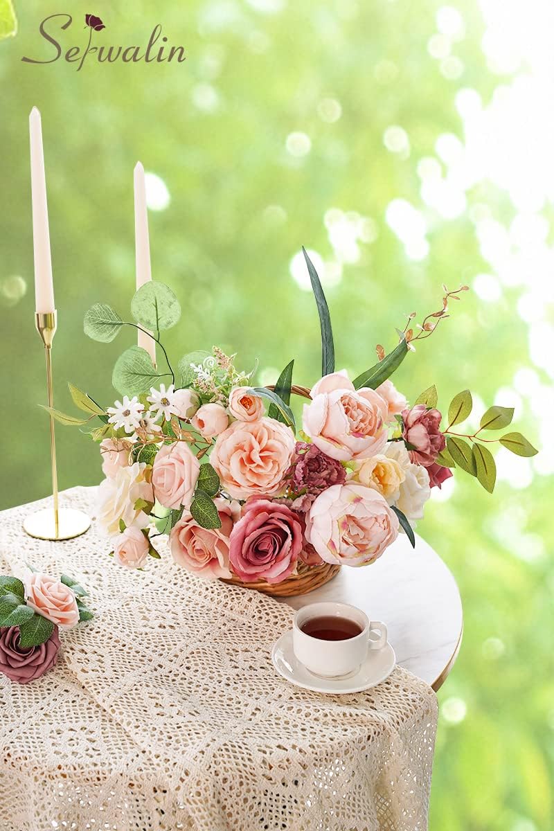 Serwalin Pink Artificial Flowers, Silk Fake Flowers for DIY Wedding Bridal Bouquets, Wedding Cake Flowers for Table Centerpieces Baby Shower Birthday Party Home Decorations