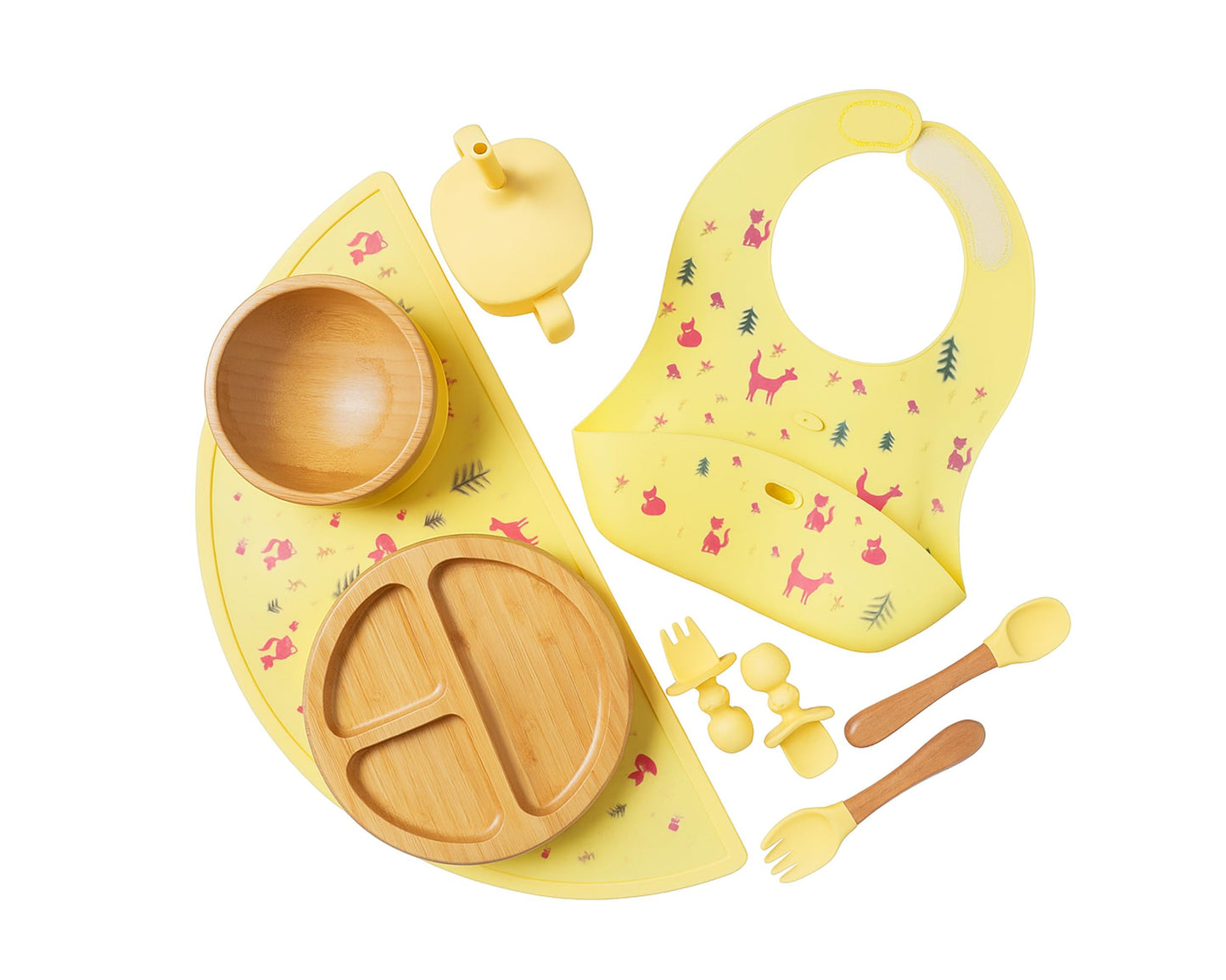 Bamboo Baby Feeding Set for Infants & Toddlers - Baby Essentials, Non-Toxic, Sustainable, Bamboo Suction Plate & Bowl, Bib, Sippy Cup w/Lid & Straw, Daily Use, Travel, Baby Shower Gifts (Pink)