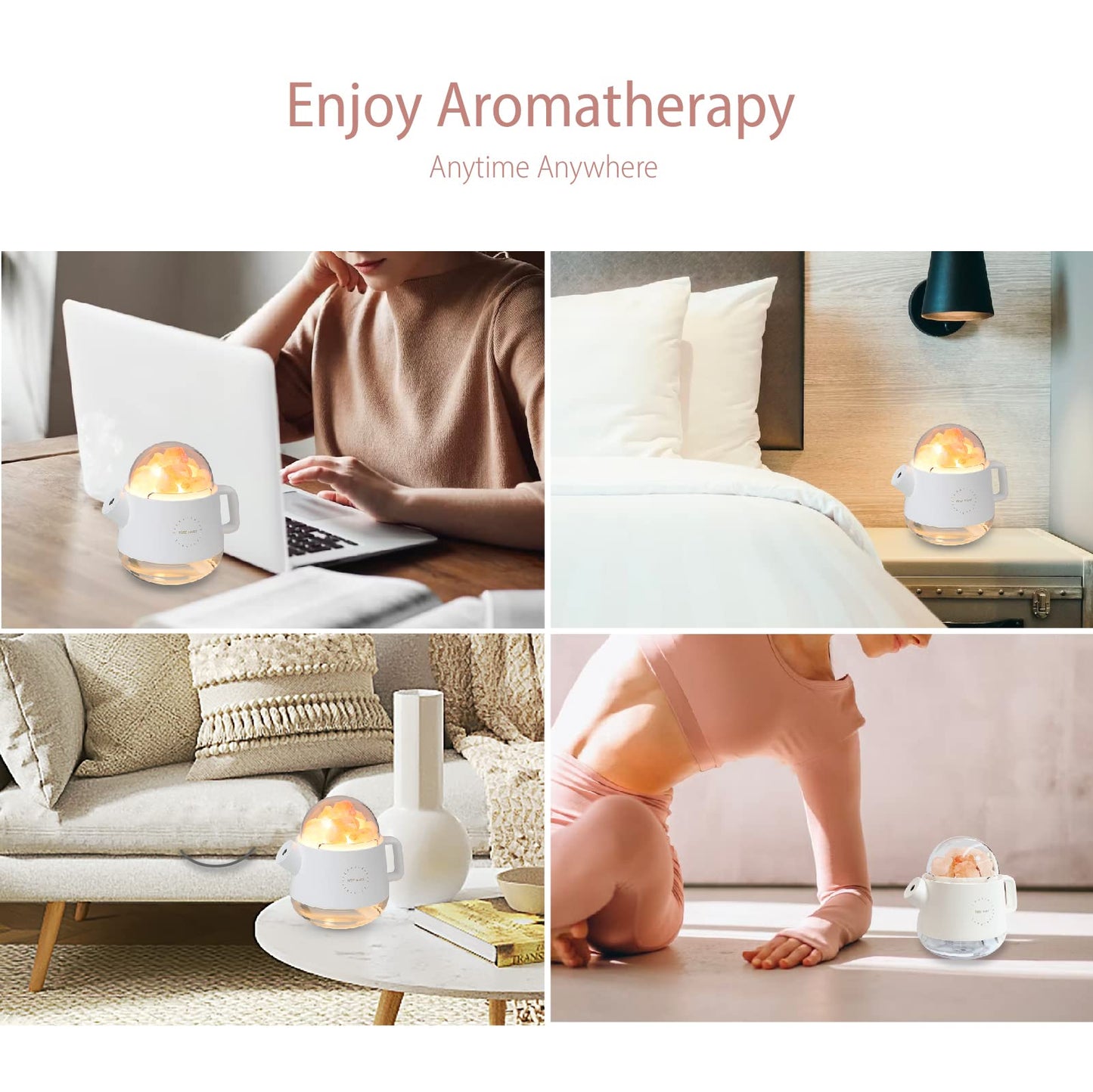 GKI 3-in-1 Salt Lamp Humidifier, 360ml Portable Aromatherapy Diffuser, with Color Night Lamp for Home, Bedroom, Yoga, Office, Gift. (White)