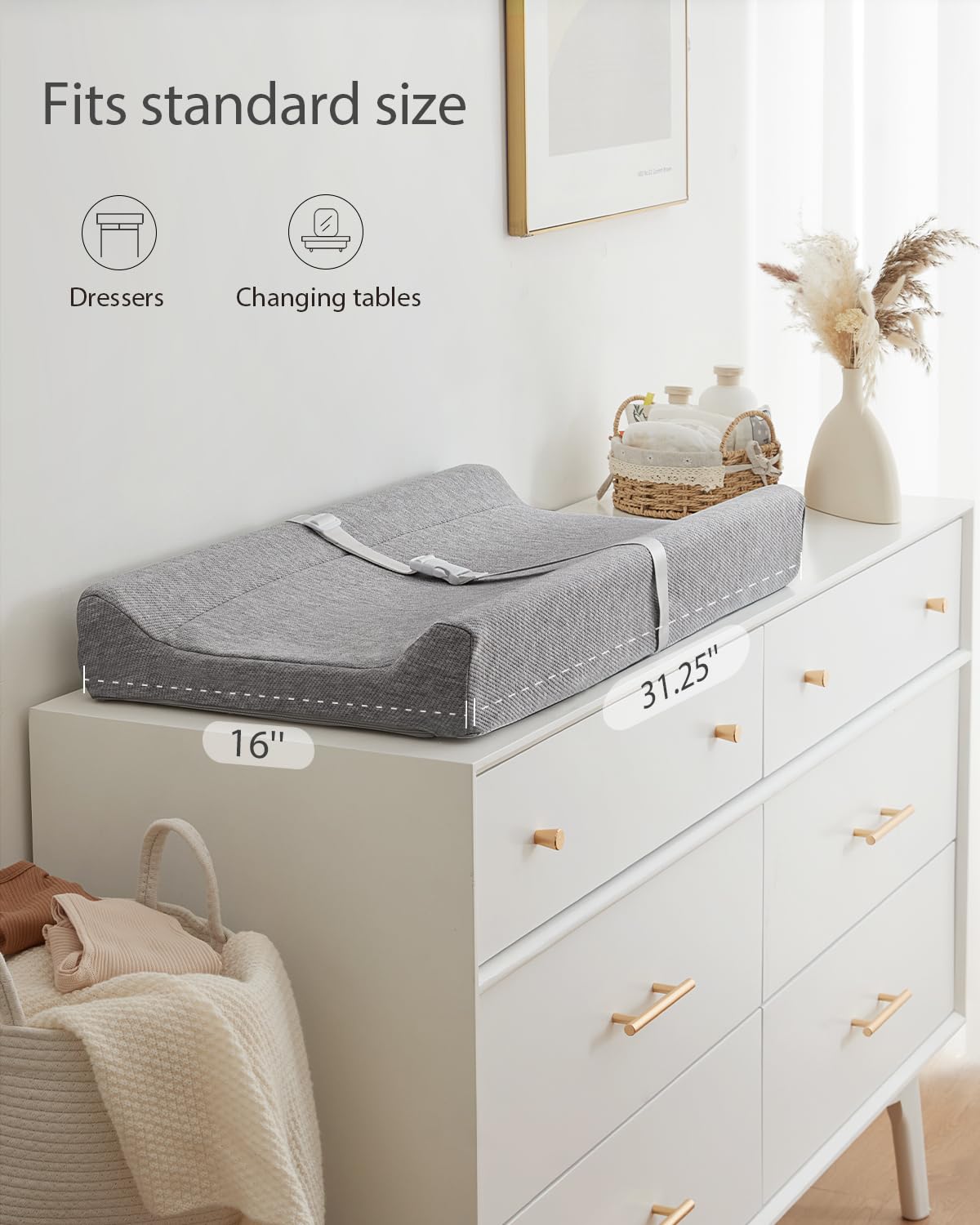 Blissful Diary Baby Changing Pad with Waterproof Lining Foam, Includes a Soft & Washable Cover, Contoured Changing Table Pads for Dresser Top with Non-Slip Bottom, 32”×16” (Grey, Avocado)
