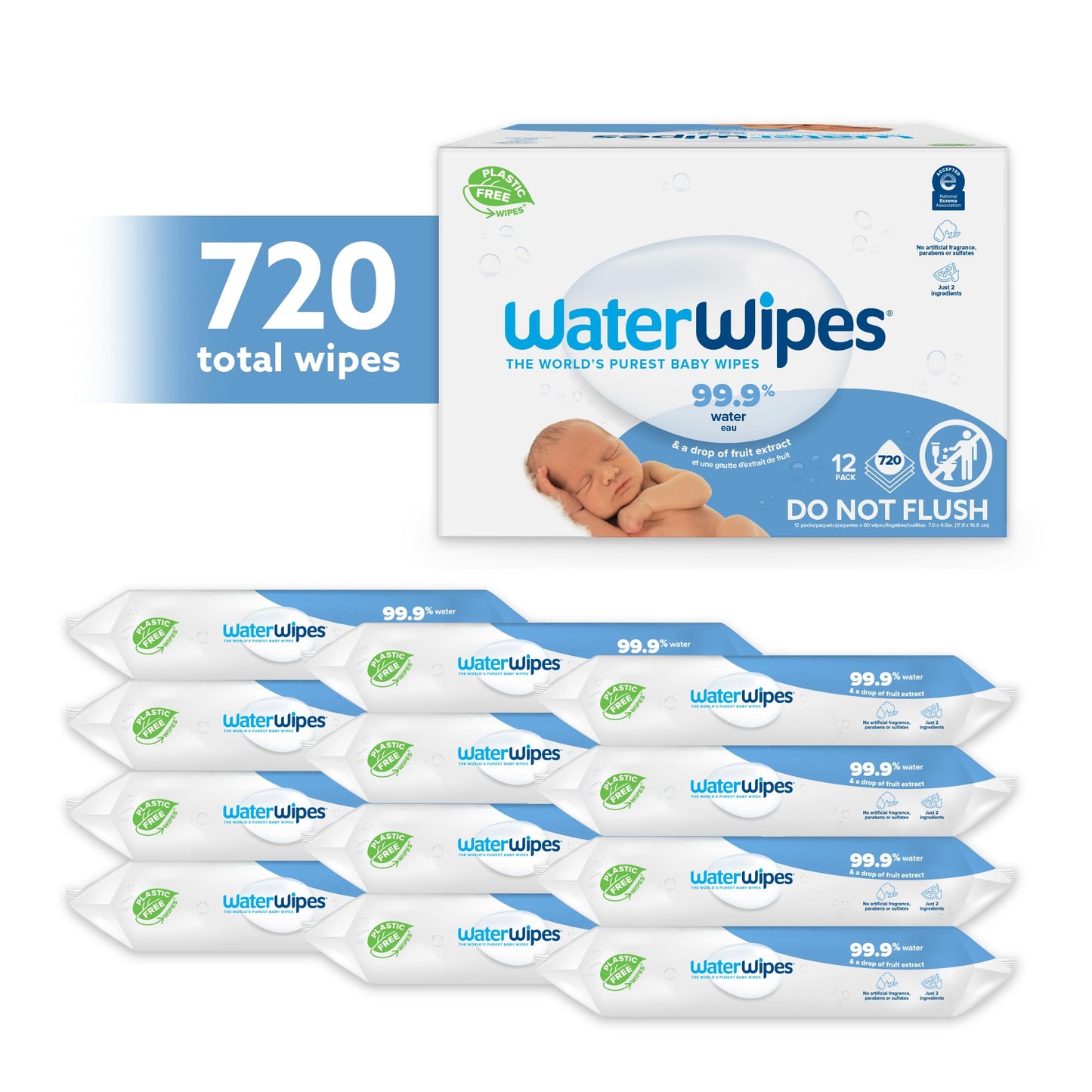 WaterWipes Original Baby Wipes, 99.9% Water, 3-In-1 Cleans, Cares, Protects, Unscented & Hypoallergenic, 720 Count (12 Packs), Packaging May Vary