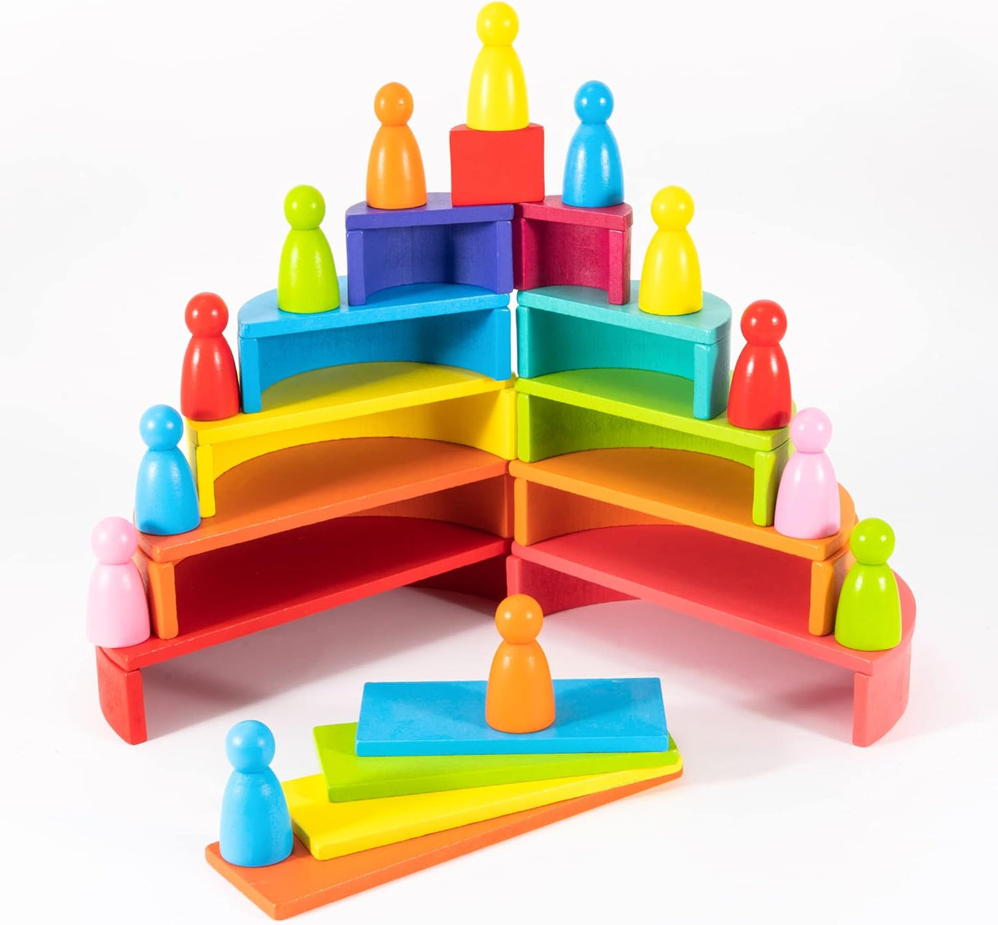 Wooden Rianbow Stacker Playset, 4-in-1 Rainbow Stacking Toys Building Blocks for Kids Ages 3 4 5 Preschool Montessori Toys Christmas Birthday Gifts for Toddlers Boys Girls 3-5 (45 Pieces)