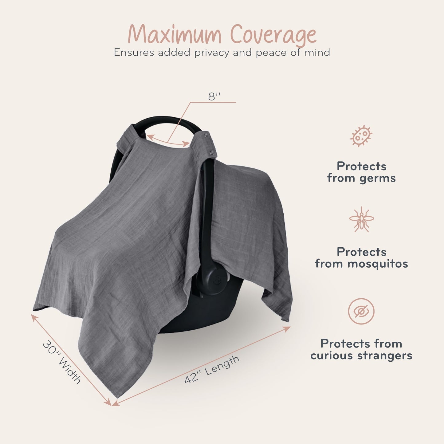 Car Seat Cover Baby - Organic Cotton - Carseat Covers Baby - Carseat Cover - Car Seat Canopy - Carseat Canopy - 100% Muslin Cotton, 43" x 32" (Soft Grey)