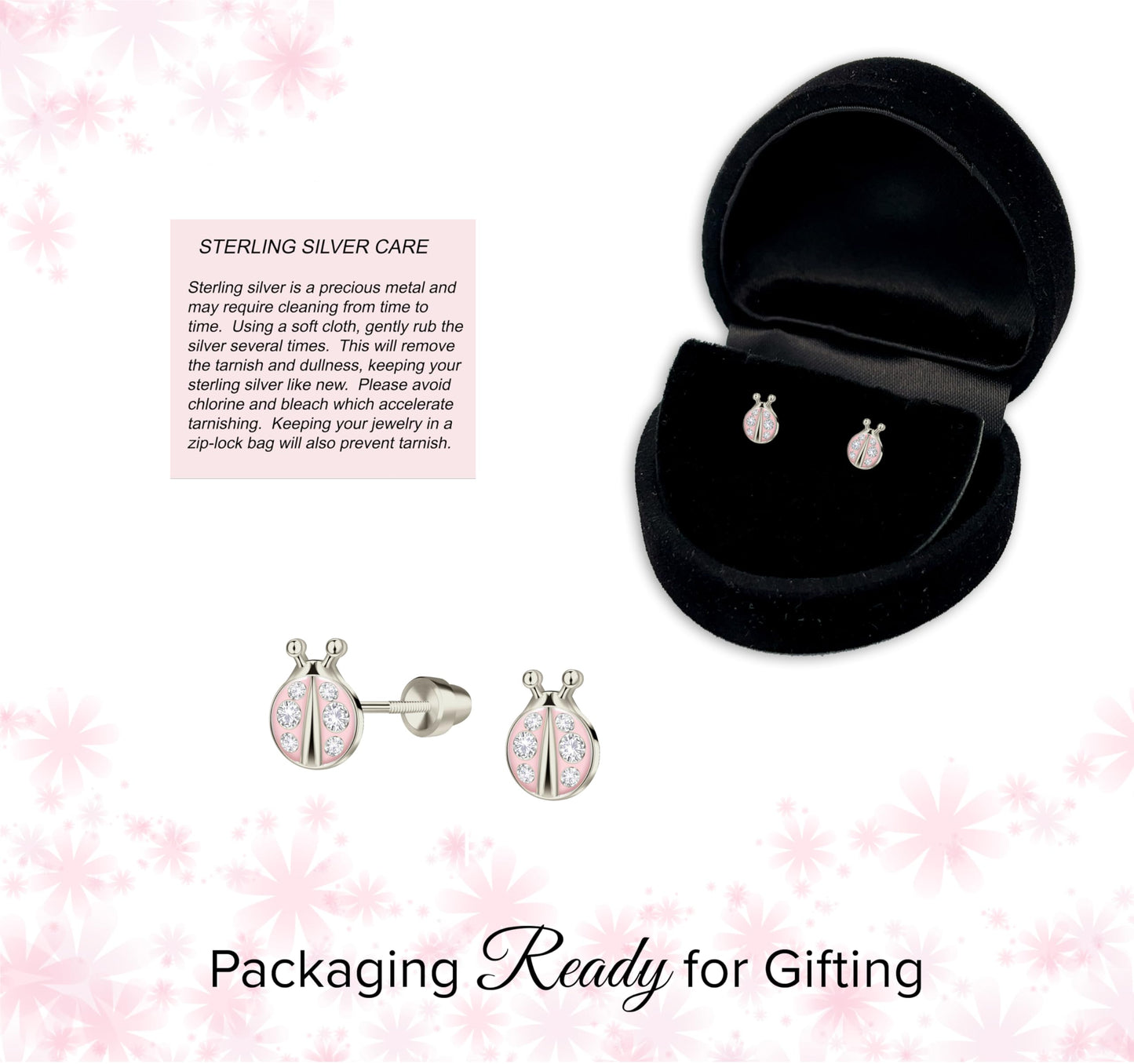 Cherished Moments Children's Sterling Silver or 14k Gold Plated Pink Ladybug Screw Back Earrings for Babies, Little Girls, Kids and Toddlers