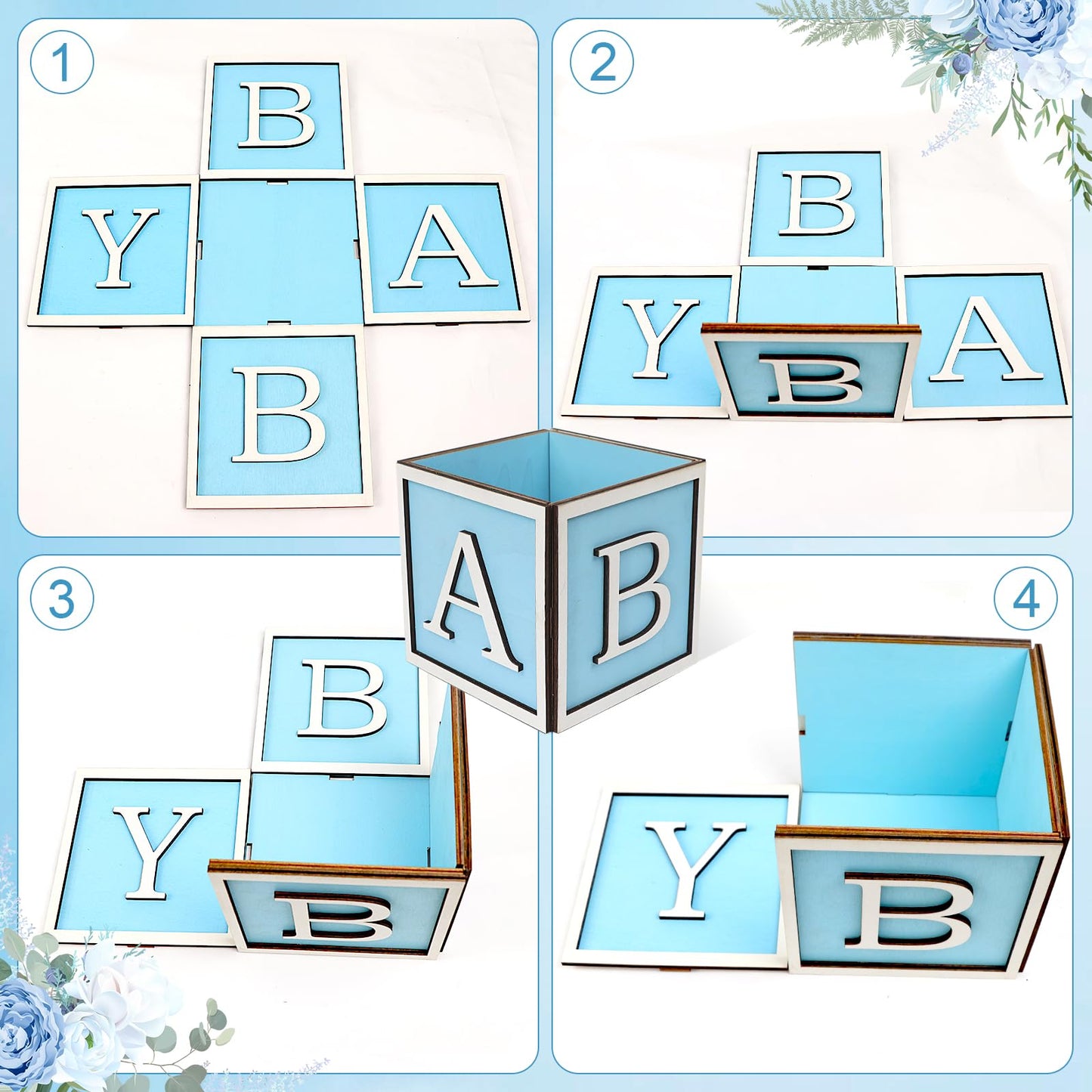 4 Set Baby Shower Centerpieces for Tables - 6 inch Wooden Boxes with Baby Letters Rustic Cube Planter Wood Blocks for Boy Girl Gender Reveal Party Favor (Blue)