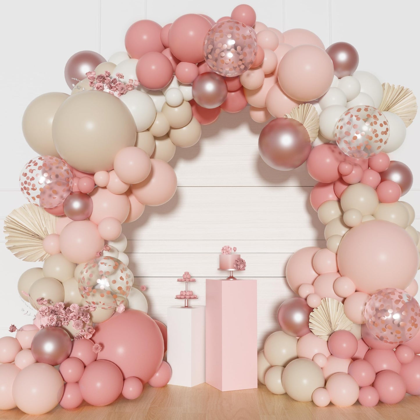 Ouddy Party Dusty Pink Balloons Arch Garland Kit, Different Sizes 18 12 10 5 Inch Boho Pink White Sand Latex Metallic Confetti Balloon for Girl Baby Shower Mothers Day Birthday Party Decorations