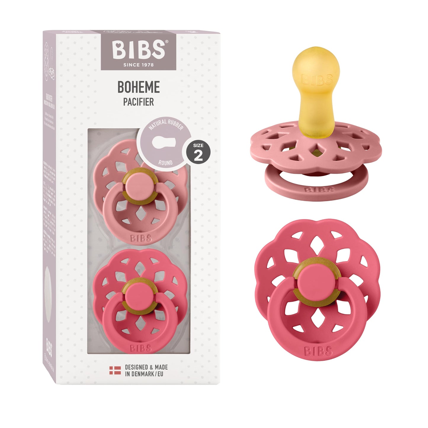 BIBS Pacifiers - Boheme Collection | BPA-Free Baby Pacifier | Made in Denmark | Set of 2 Ivory/Blossom Color Premium Soothers | Size 0-6 Months