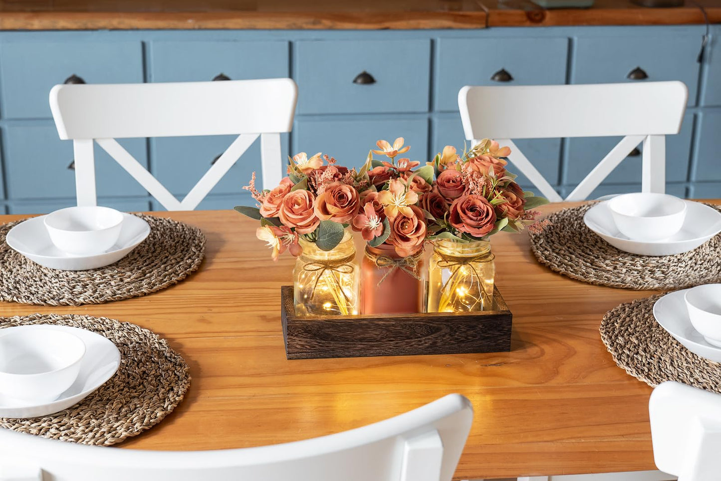 Mkono Mason Jar Lights Centerpiece Table Decor for Dining Room Farmhouse Wood Tray with 3 Jars Flowers Summer Decoration for Coffee Table Kitchen Living Room Wedding