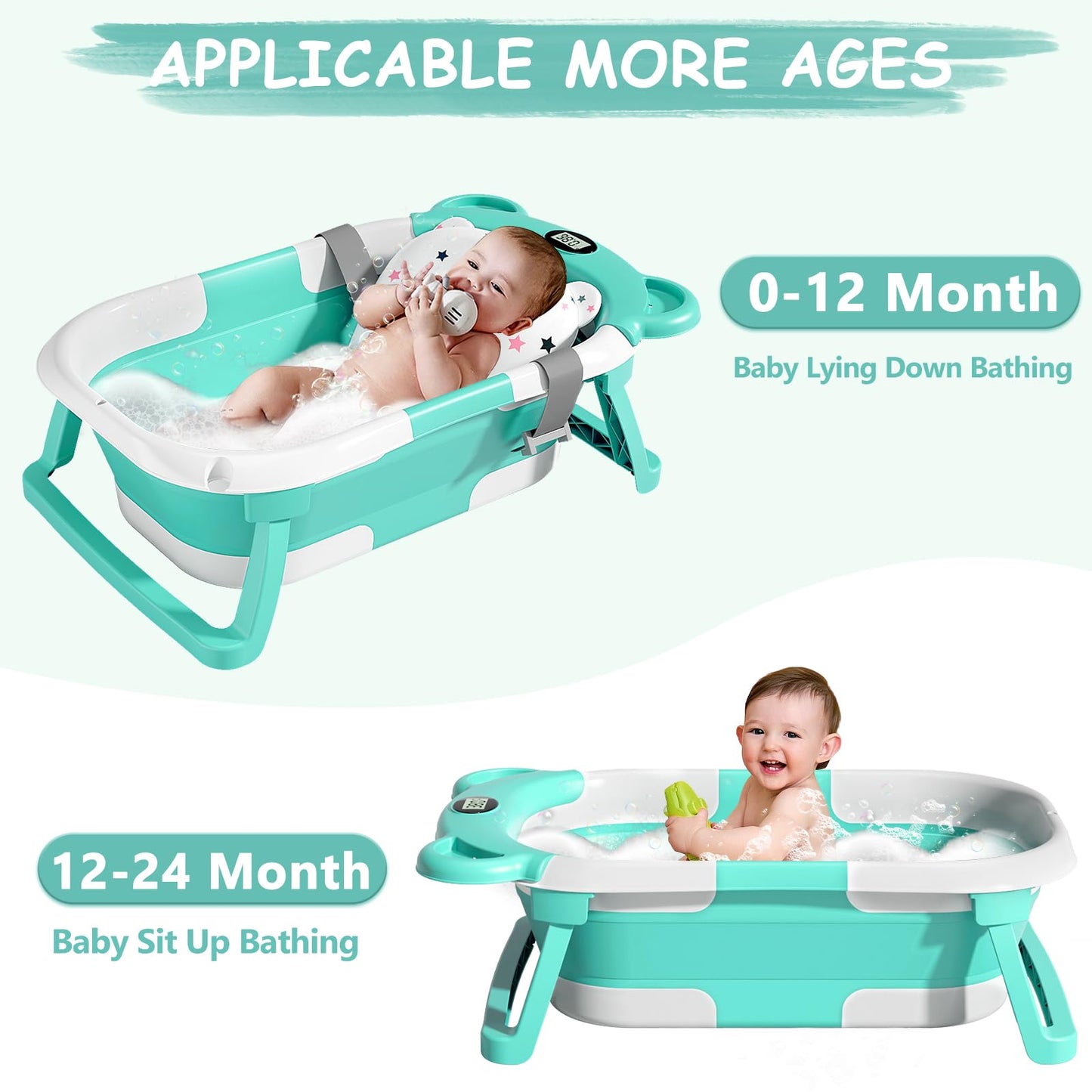 MoreFeel Collapsible Baby Bathtub for Newborn with Thermometer & 1 Hooded Towel & 1 Soft Floating Cushion,Portable Travel Bathtub with Drain Hole, Durable Foldable Baby Tubs for Infants to Toddler