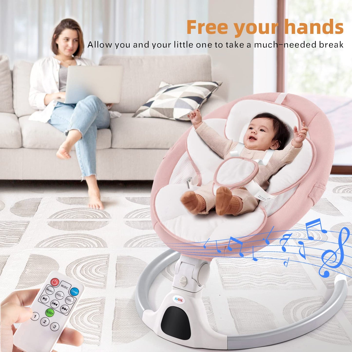 Jaoul Baby Swing for Infants - Electric Portable Newborn Bouncer With Bluetooth Touch Screen/Remote Control, Timing Function, 5 Speeds, 3 Seat Positions for Boys and Girls (Pink)