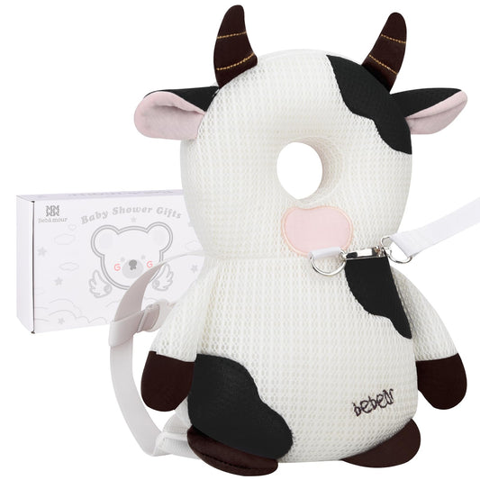 Bebamour Baby Walkers Head Protector Toddler Adjustable Baby Safety Pad Backpack Wear for Crawling with Safety Leash (New White, Cow)