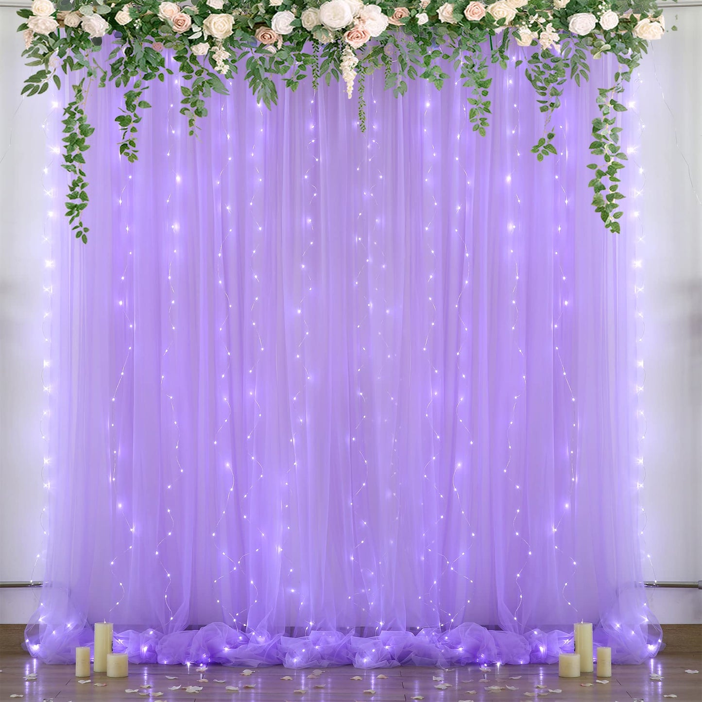 White Tulle Backdrop Curtain with Lights String for Parites 10×8ft Sheer Backdrop Curtains White Curtain Backdrop for Wedding Baby Shower Birthday Party Photo Shoot Decorations(2 Panels 10ft×8ft)
