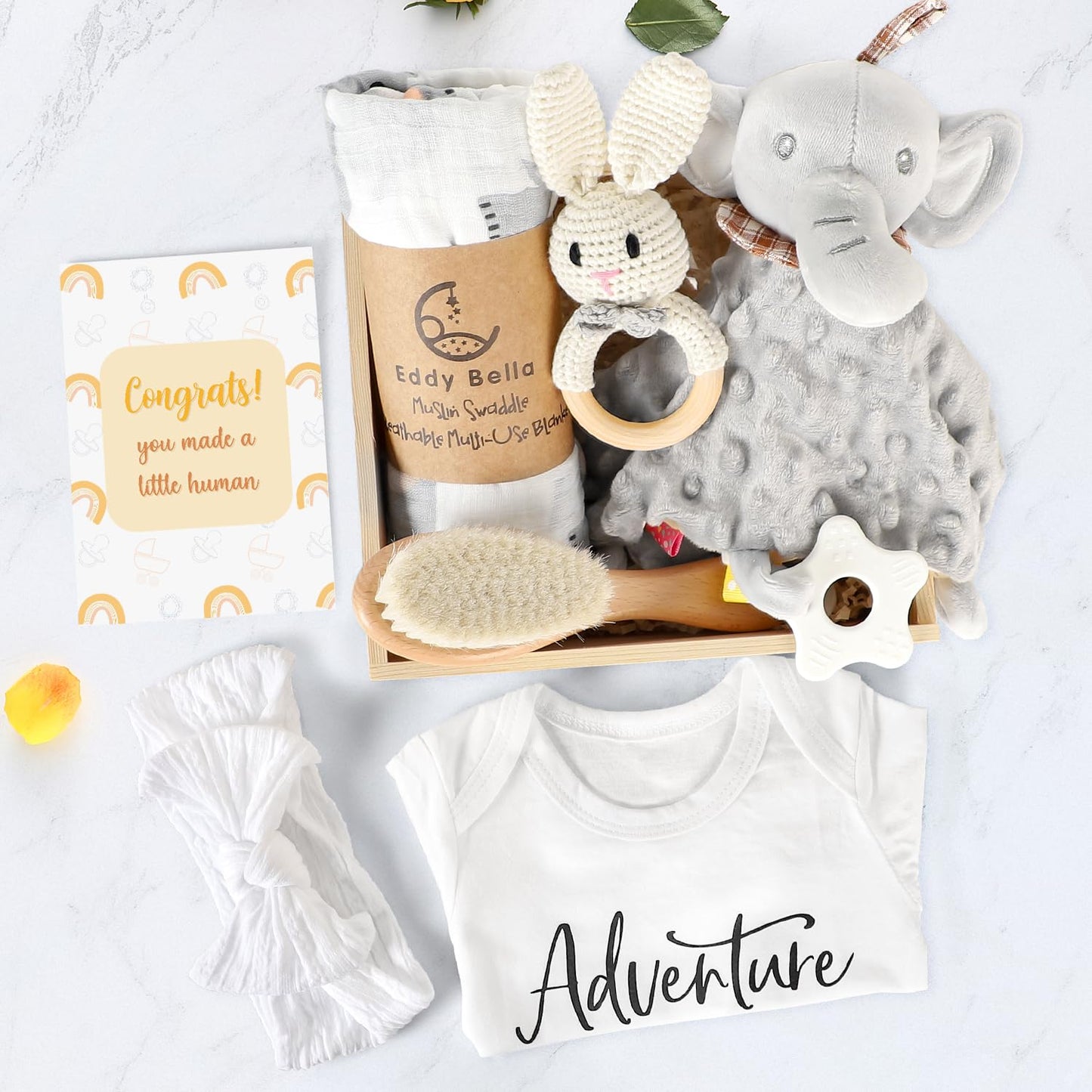 Baby Gift Set for Newborn, Baby Shower Gifts, Wooden Baby Gift Basket Essentials Includes Infant Swaddle Blanket Onesies Rattle Toy Hair Bursh, New Born Baby Christmas Gifts for Girls Boys