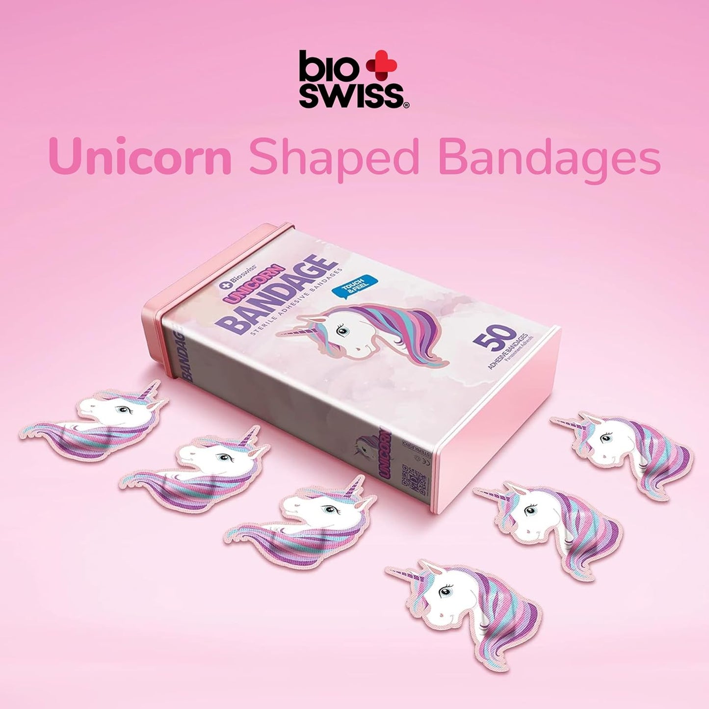 BioSwiss Bandages, Unicorn Shaped Self Adhesive Bandage, Latex Free Sterile Wound Care, Fun First Aid Kit Supplies for Kids, 50 Count