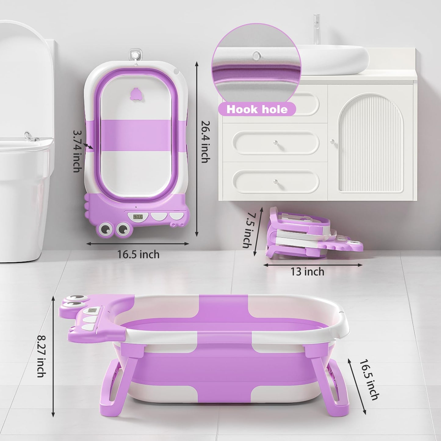 Collapsible Baby Bathtub for Newborn, Foldable Baby Bath Tub with Thermometer & Soft Floating Cushion & Drain Hole, Portable Travel Infant Bath Tubs for Newborns to Toddler 0-36 Months Girl, Pink
