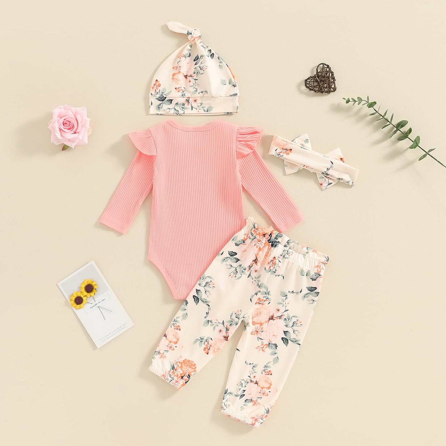 Hello World Newborn Outfit Baby Girl Going Home Outfit Ruffle Ribbed Romper Top Floral Pants Set Cute Summer Clothes