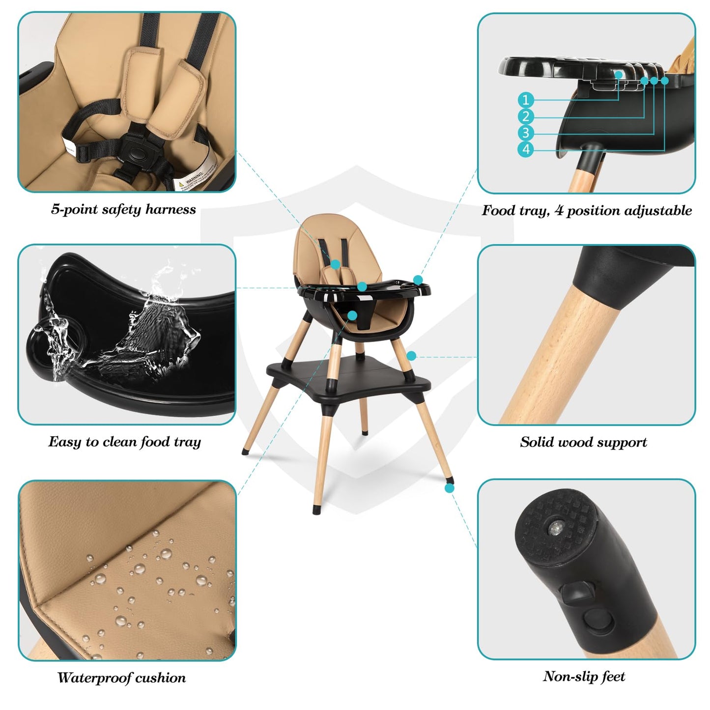 High Chair for Babies & Toddlers, Convertible Wooden 6 in 1 Baby Highchair, Table and Chair Set, Building Block Table, 5-Point Adjustable Seat Belts, 4-Position Removable Tray& PU Seat Cushion (Black)