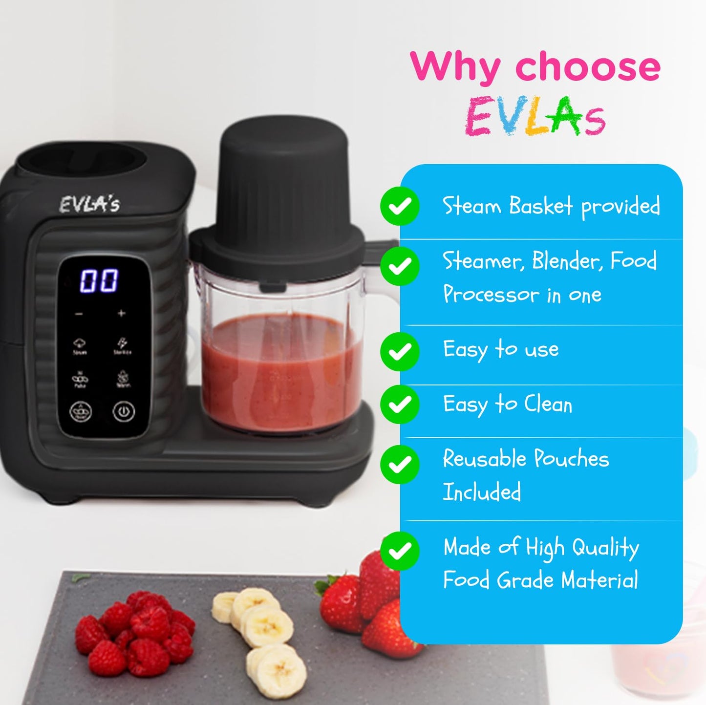 EVLA'S Baby Food Maker, Steamer, Blender, Baby Food Processor for Healthy Homemade Baby Food in Minutes, Touch Screen with 6 Reusable Food Pouches, Baby Registry Essential, White