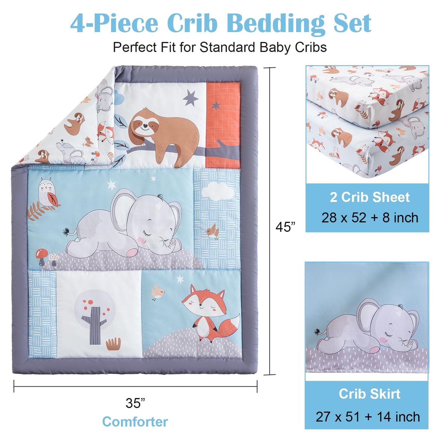 Crib Bedding Set 4 Pieces – Includes Comforter, 2 Fitted Sheets for Easy Changing, Crib Skirt – Soft, Breathable, Machine Washable – Fits Standard Crib Mattress – Baby Nursery Set for Boys & Girls