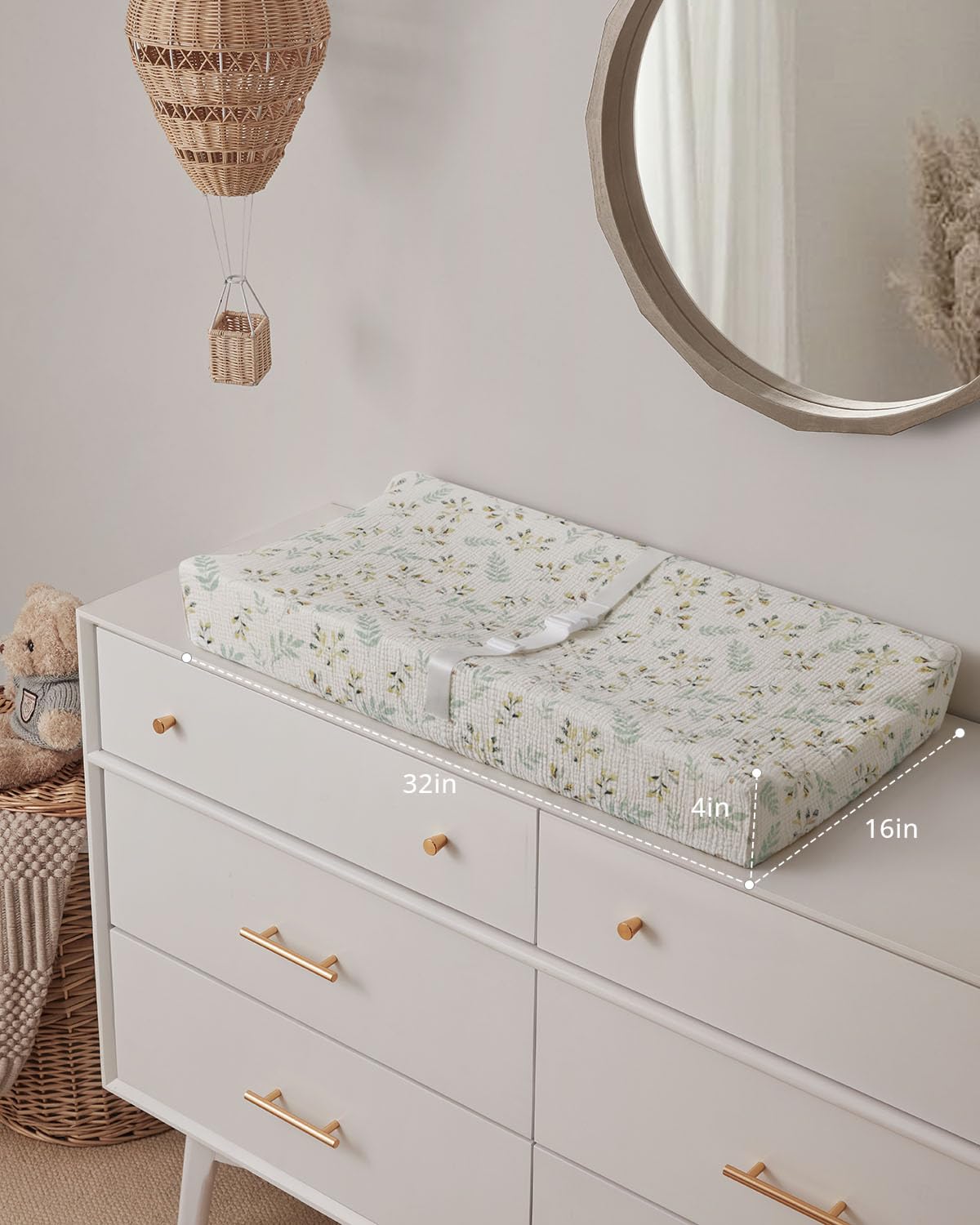 Blissful Diary Muslin Baby Changing Pad with Waterproof Lining Foam, Diaper Changing Table Pad with Cover for Dressers (Monstera, Avocado)