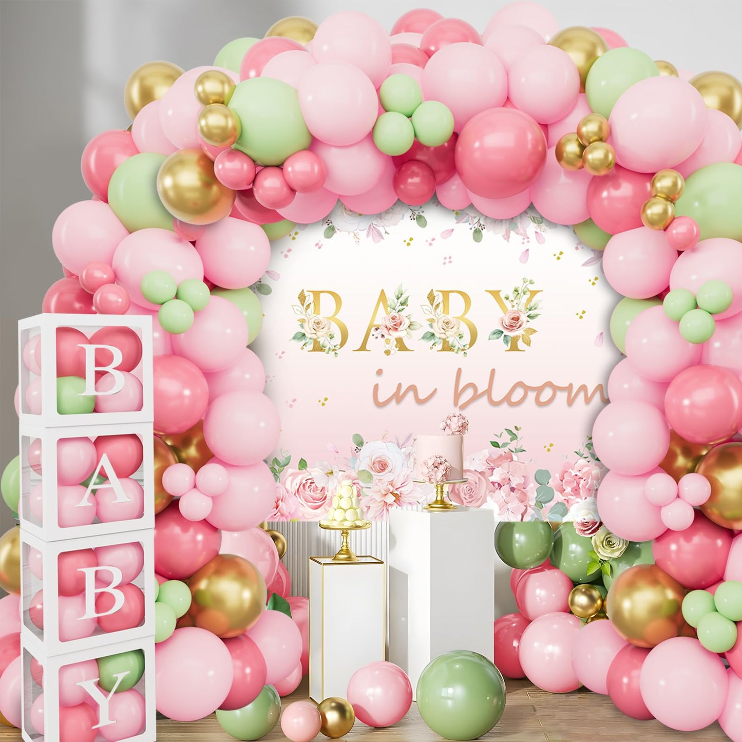 Baby in Bloom Baby Shower Decorations - 116pcs Pink and Sage Green Balloon Arch Kit, BABY in Bloom Backdrop and Baby Boxes with Letters for Pink Floral Baby Shower Decorations for Girl
