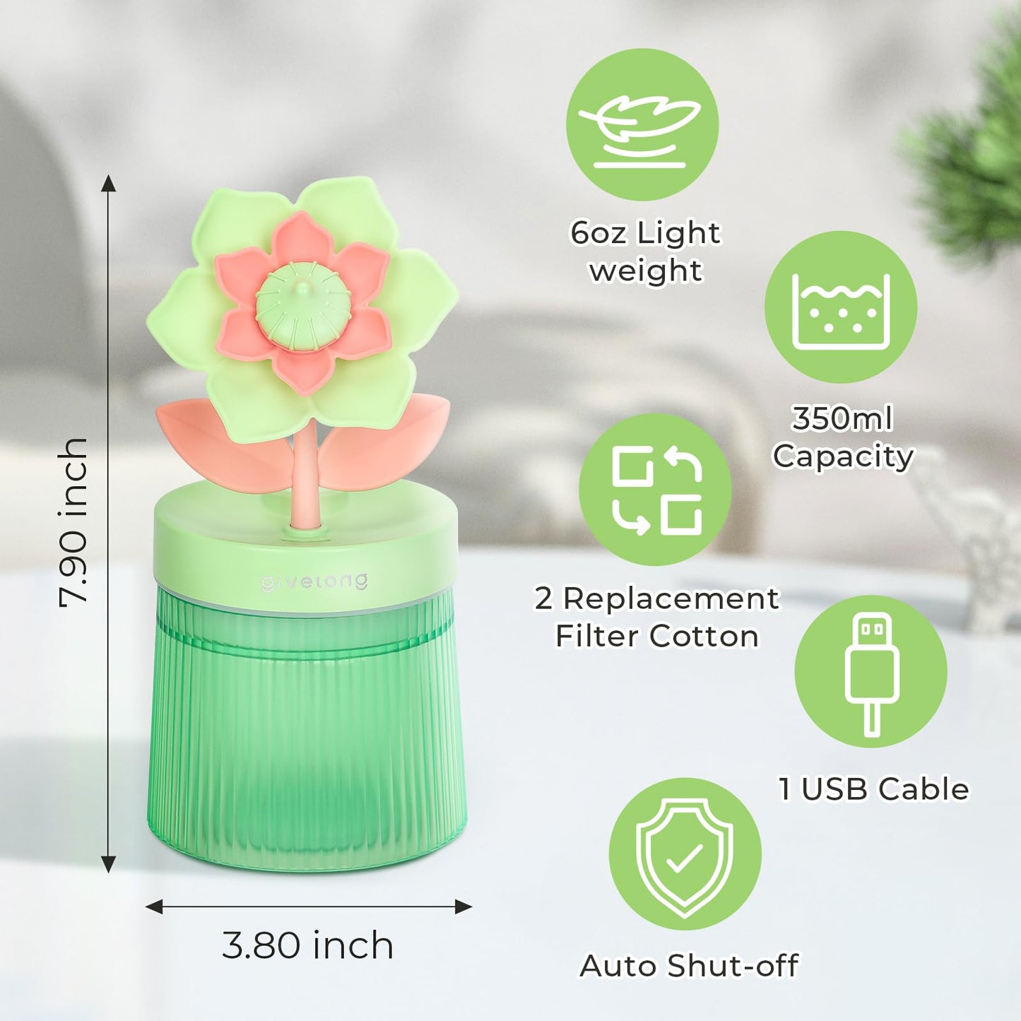 Cute Flower Mini Humidifier, 260ml Gardenia Desktop Humidifiers for Bedroom, Portable Small Cool Mist Humidification for Home, Baby Nursery, Office & Indoor Plants, USB Powered (Pink)