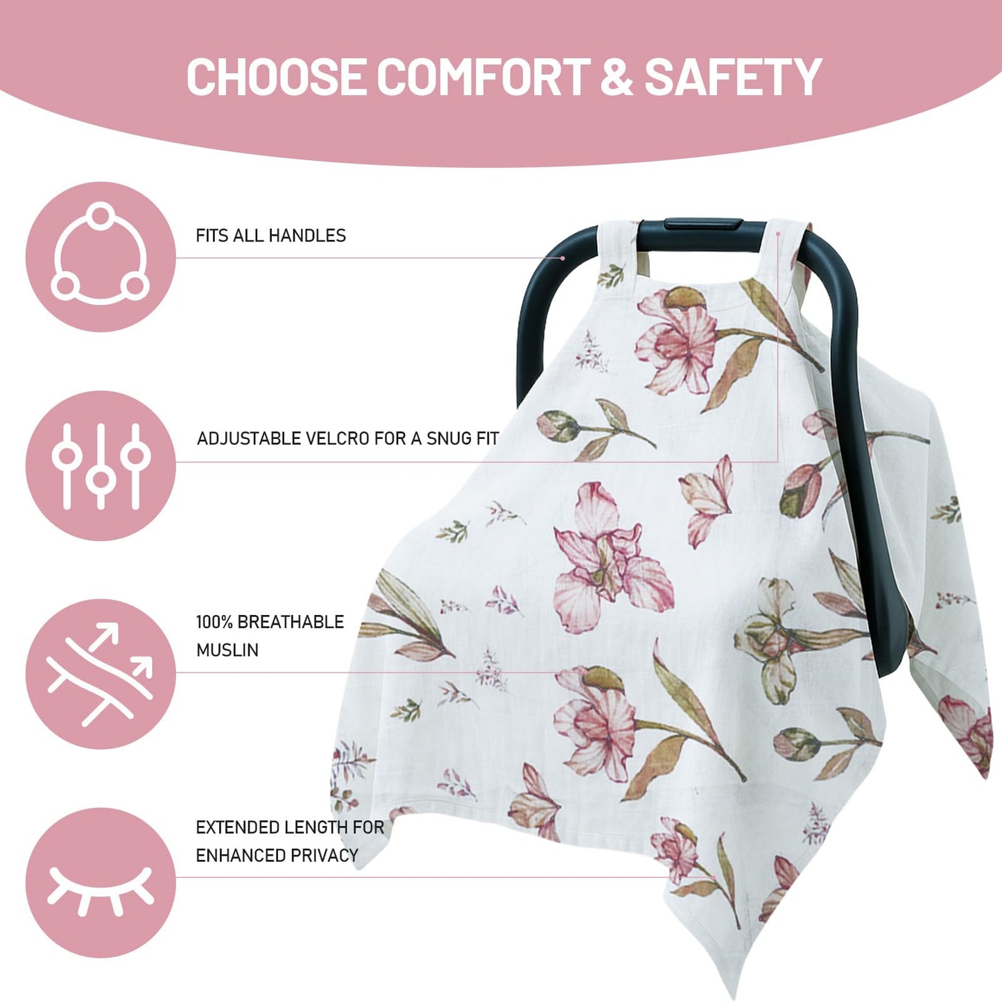 100% Muslin Summer Baby Car Seat Cover, Universal Fit Infant Car Seat Canopy, Breathable & Lightweight Sun, Weather Protection for Boys & Girls