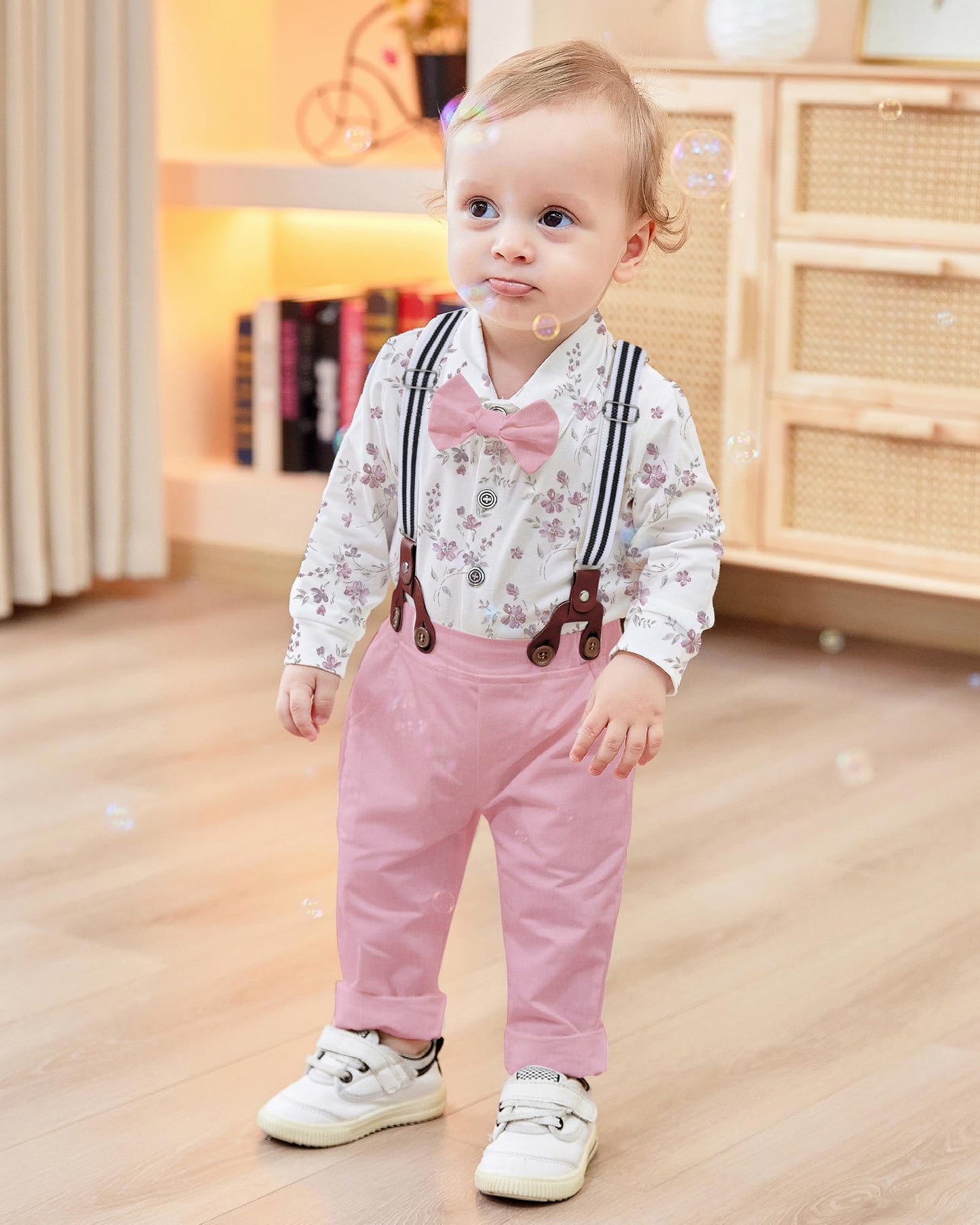 WESIDOM Baby Boy Clothes 0-18M Newborn Infant Gentleman Outfit, Shirt+Bowtie+Beret+Suspender Pant Baby boy Suit Clothing Set