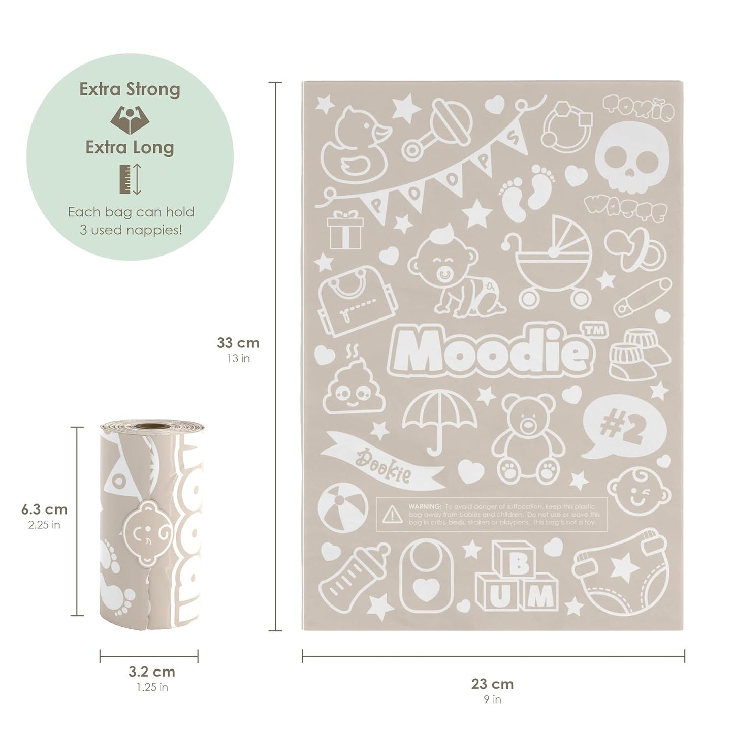 Moodie Teddy Bear Diaper Bag Dispenser w/Silicon Strap (ROSIE PINK) & 6 Refill Roll PACK (UNSCENTED - 105 Bags TOTAL) | Diaper Bag Essential Items