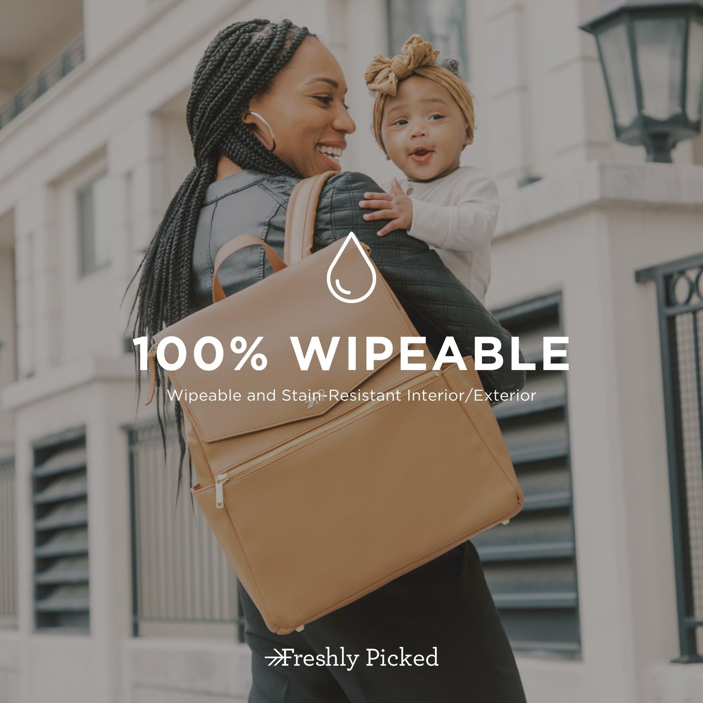 Freshly Picked Classic II Diaper Bag Backpack, Wipeable Vegan Leather With Changing Pad (Sage Green V2)