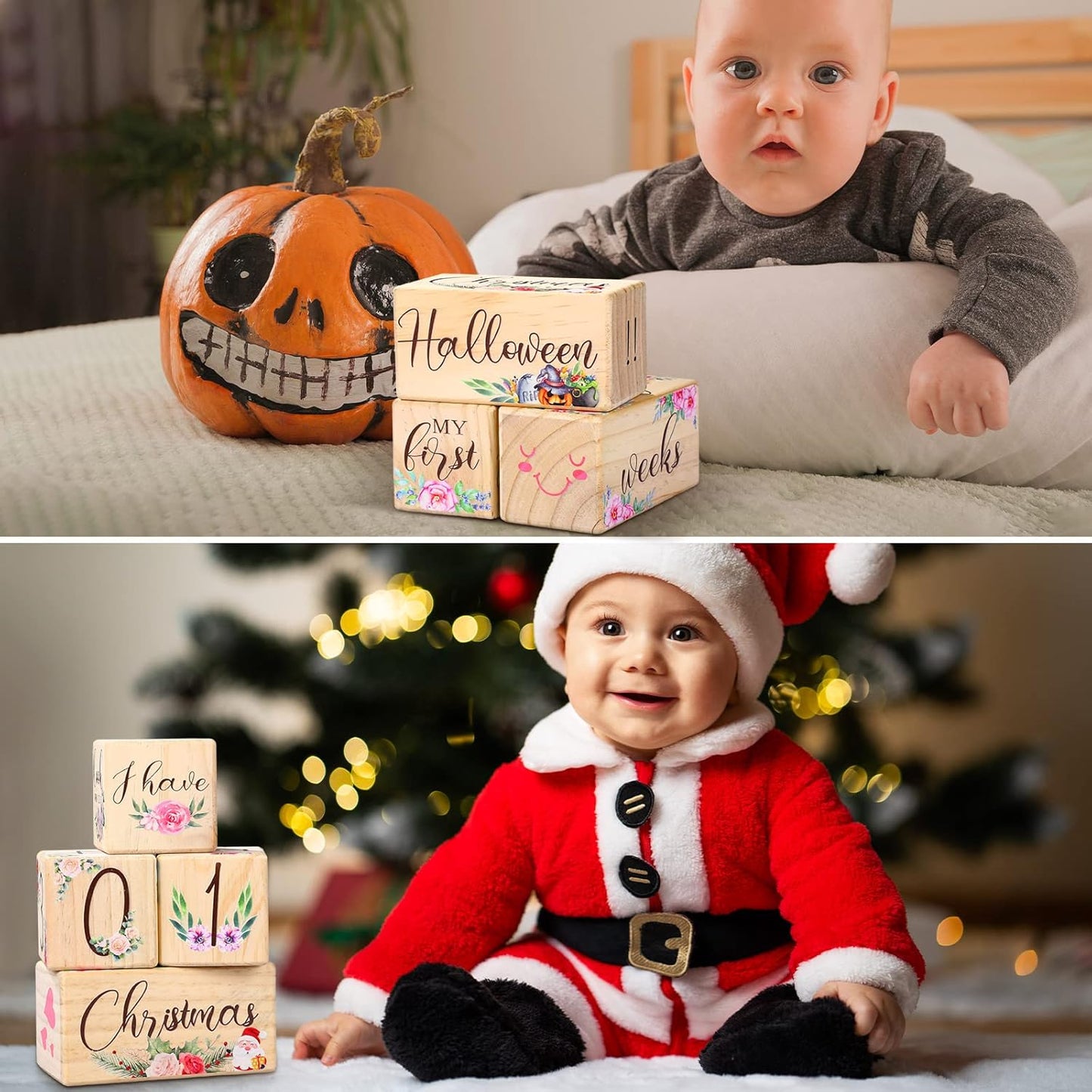 Sintuff 6 Pcs Baby Monthly Milestone Blocks Set Flower Natural Wooden Newborn Age Blocks with Week Month Year Grade Day Baby Age Photo Props for Girls Boys Shower Birthday Gift Decor