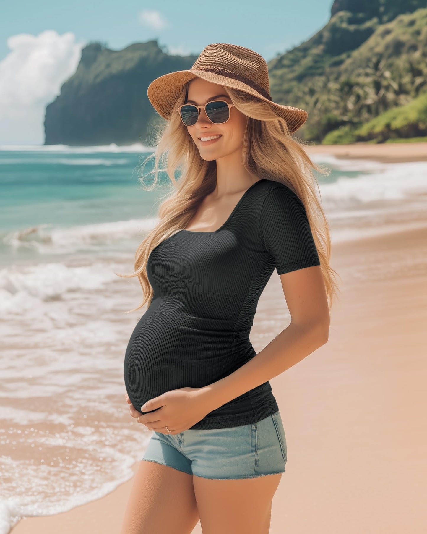 Huukeay 4 Pack Women's Maternity Shirts Cotton Ribbed Short Sleeve Square Neck Pregnancy Tops Side Ruched Summer Tee