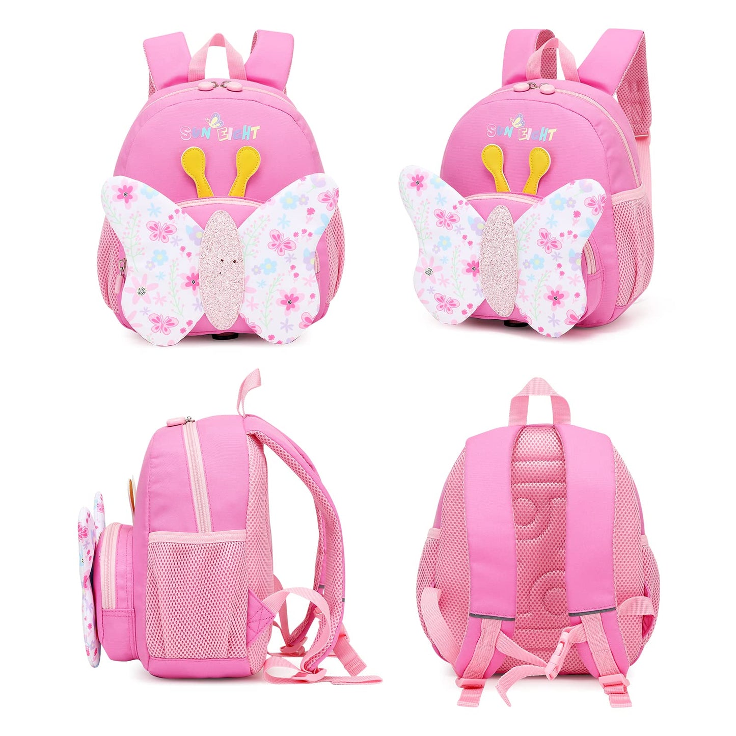 SUN EIGHT Preschool Backpack with Anti-Lost Harness Toddler Backpack School Bag 3D Cartoon Lunch Backpack for Toddler Girls 1-4 Years(Butterfly)