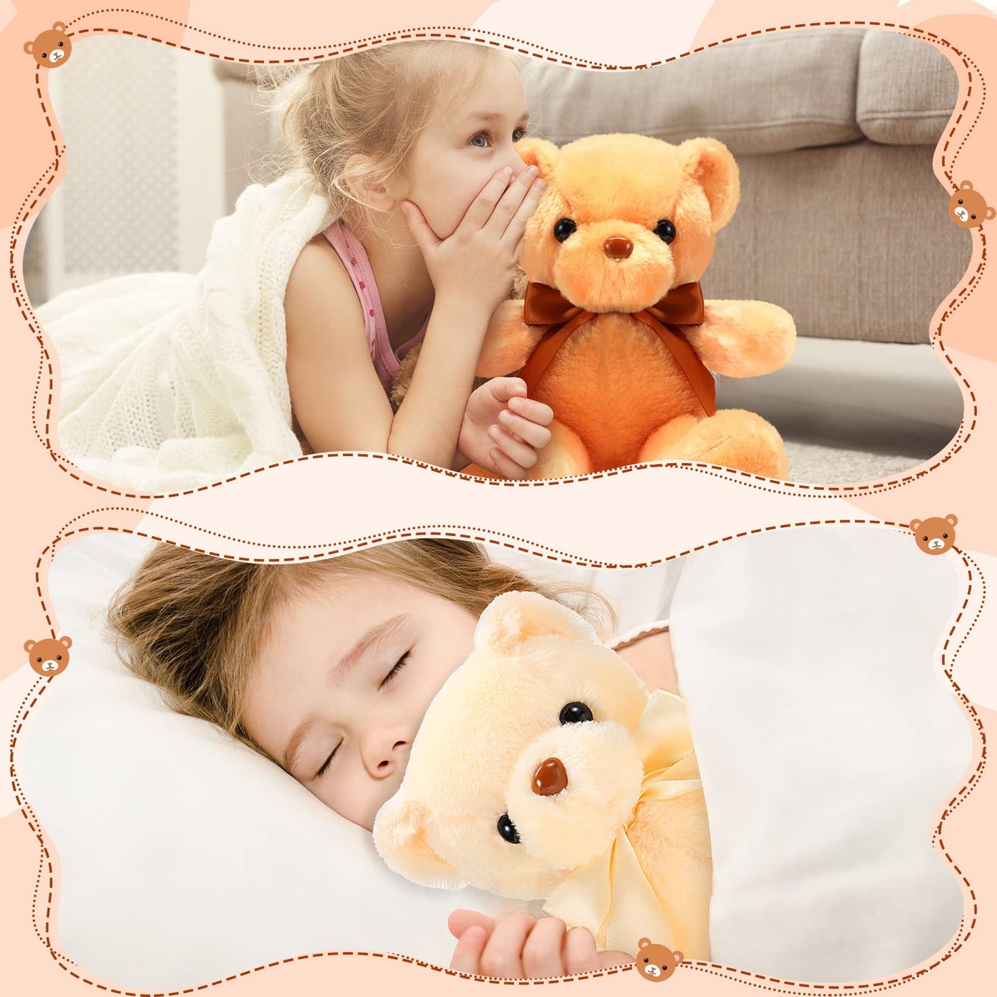 HyDren 6 Pcs Bear Stuffed Animal Plush Toys Soft Plush Dolls Bear Sleeping and Playing Toys for Baby Shower Decoration Boy(Fuzzy Style,Brown)